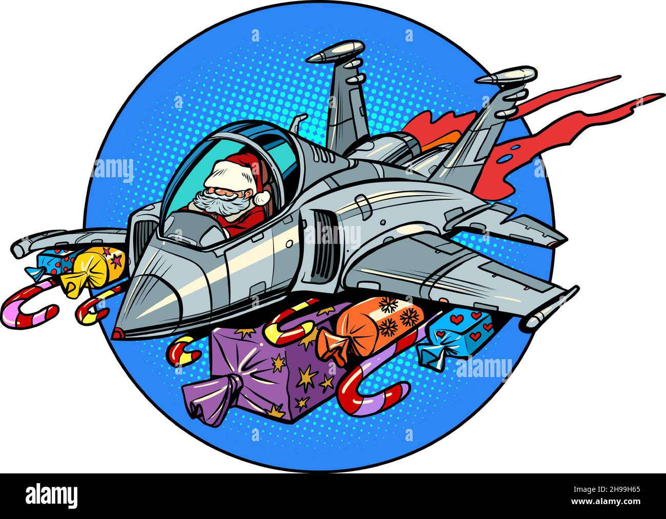 Der Weihnachtsmann fliegt auf einem Sturmtruppen-Flugzeug mit Geschenken anstelle von Bomben. Weihnachten und Neujahr Winterferien Stock Vektor