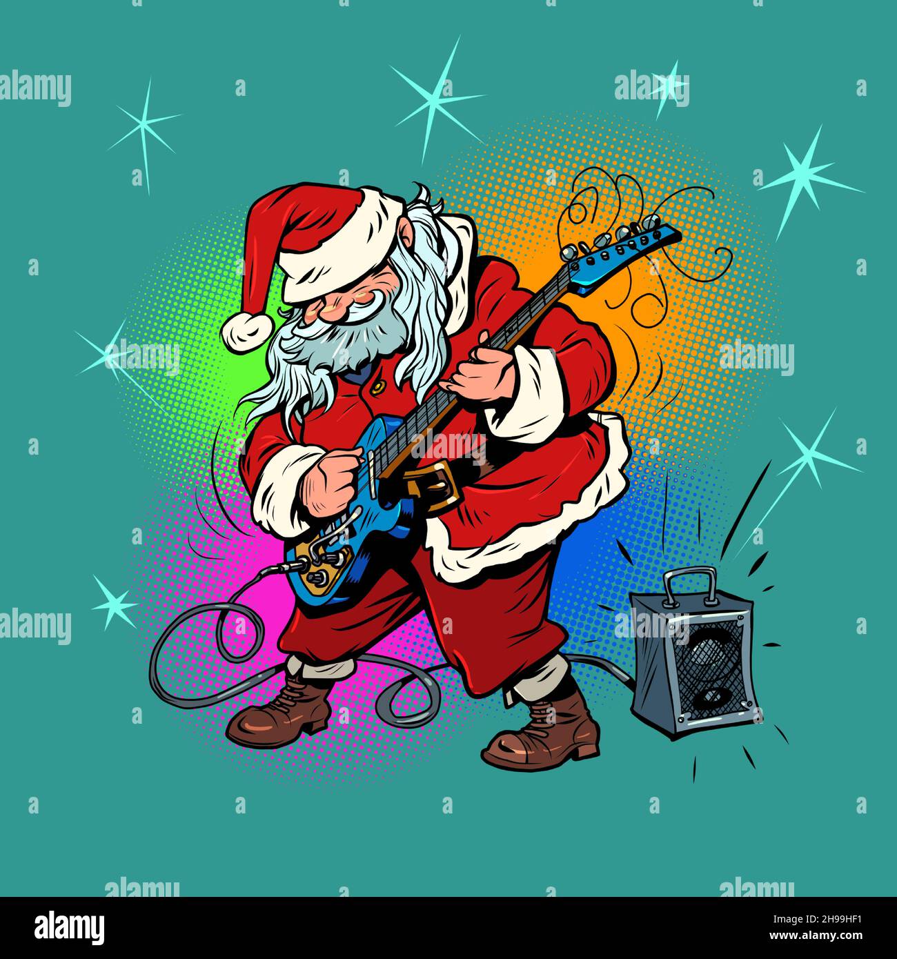 Santa Claus ist ein Musiker, der eine E-Gitarre mit einem Lautsprecher spielt. Weihnachten und Neujahr Winterferien Stock Vektor