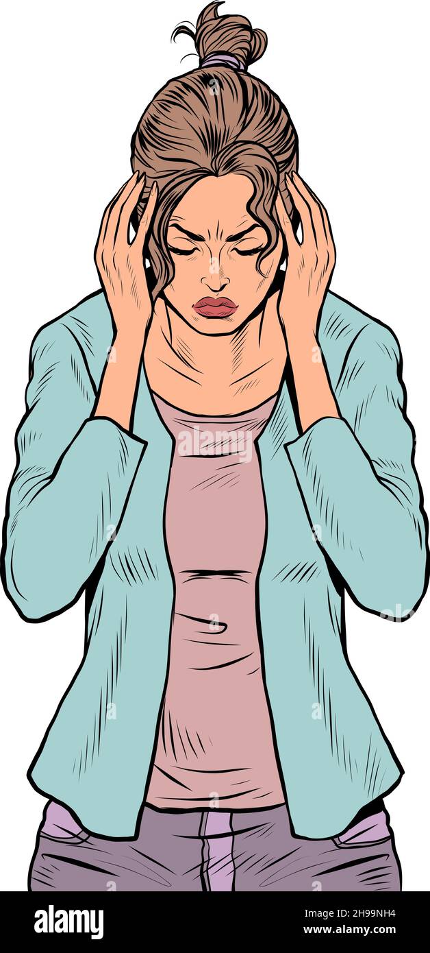 Die Frau leidet unter Kopfschmerzen, medizinischen Symptomen Migräne Krebs Hypertonie Meningitis Schlaganfall oder anderen Krankheiten Stock Vektor