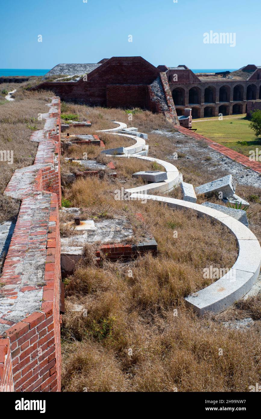 Kanonenplatzierungen auf der Brüstung. Dry Tortugas National Park, in der Nähe von Key West, Florida, USA. Stockfoto