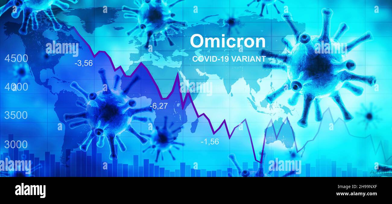Omicron COVID-19-Varianteneffekt für die Weltwirtschaft, Diagramm der Börse und der globalen Karte, Geschäftseingriffe durch Corona-Virus. Konzept von Krise, Rezession, d Stockfoto