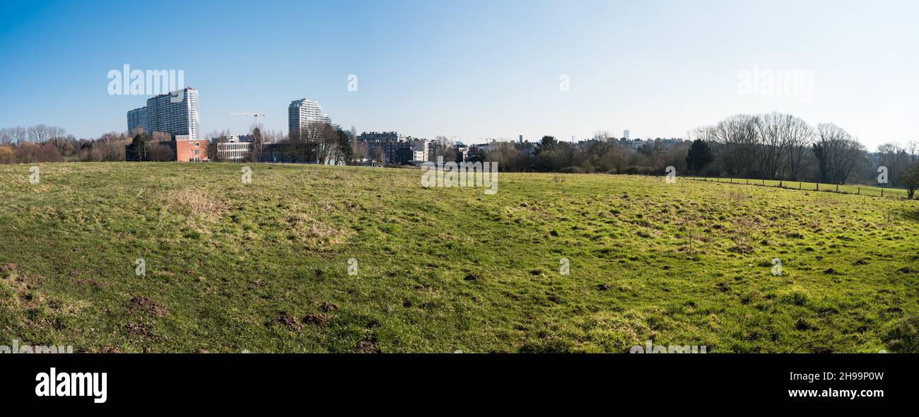 Panoramablick über die grünen Felder von Brüssel mit Wohnblöcken in der Skyline Stockfoto