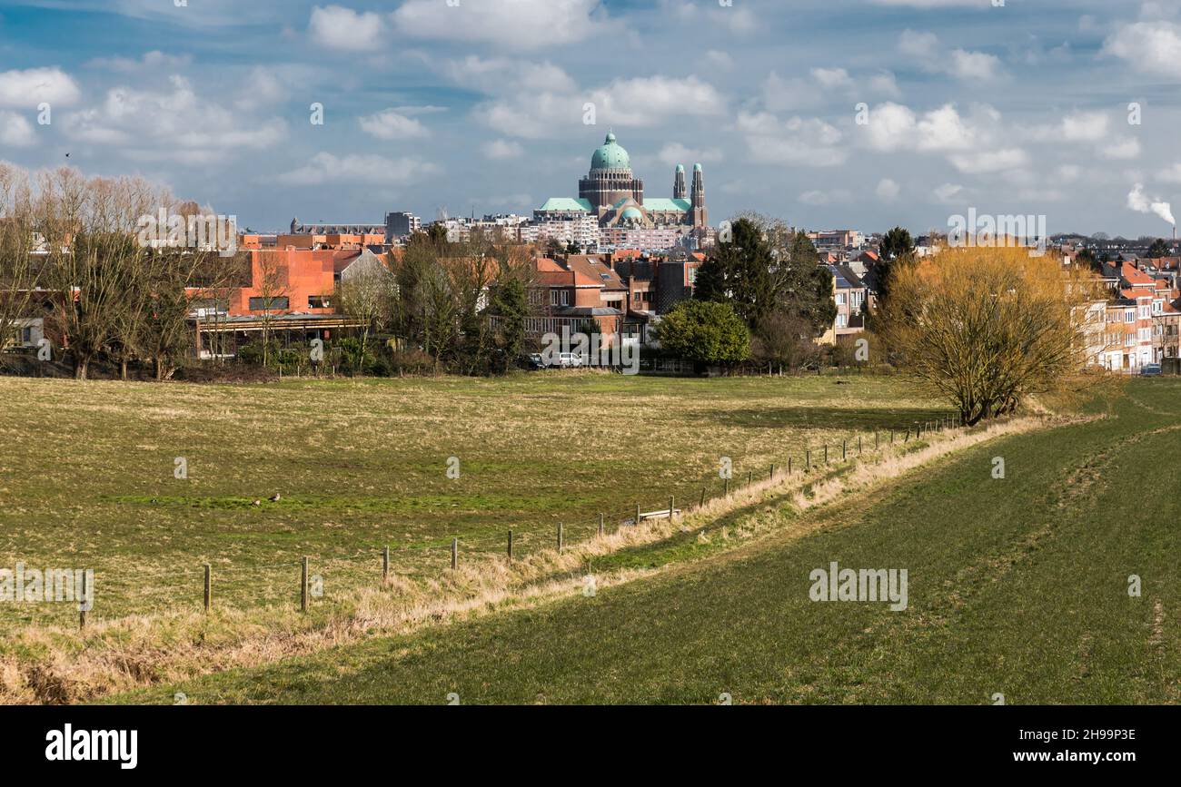 Blick über die Brüsseler Wiesen und die Basilika des Heiligen Hart Stockfoto