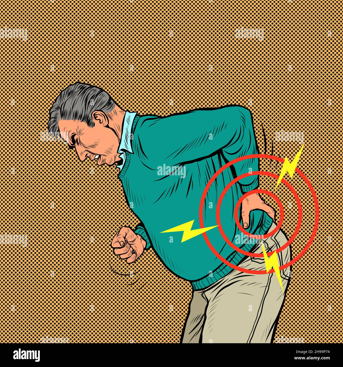 Ein älterer Mann Rückenschmerzen, Osteochondrose Hernie Verstauchung Ischias und andere Erkrankungen der Wirbelsäule und innere Organe Stock Vektor