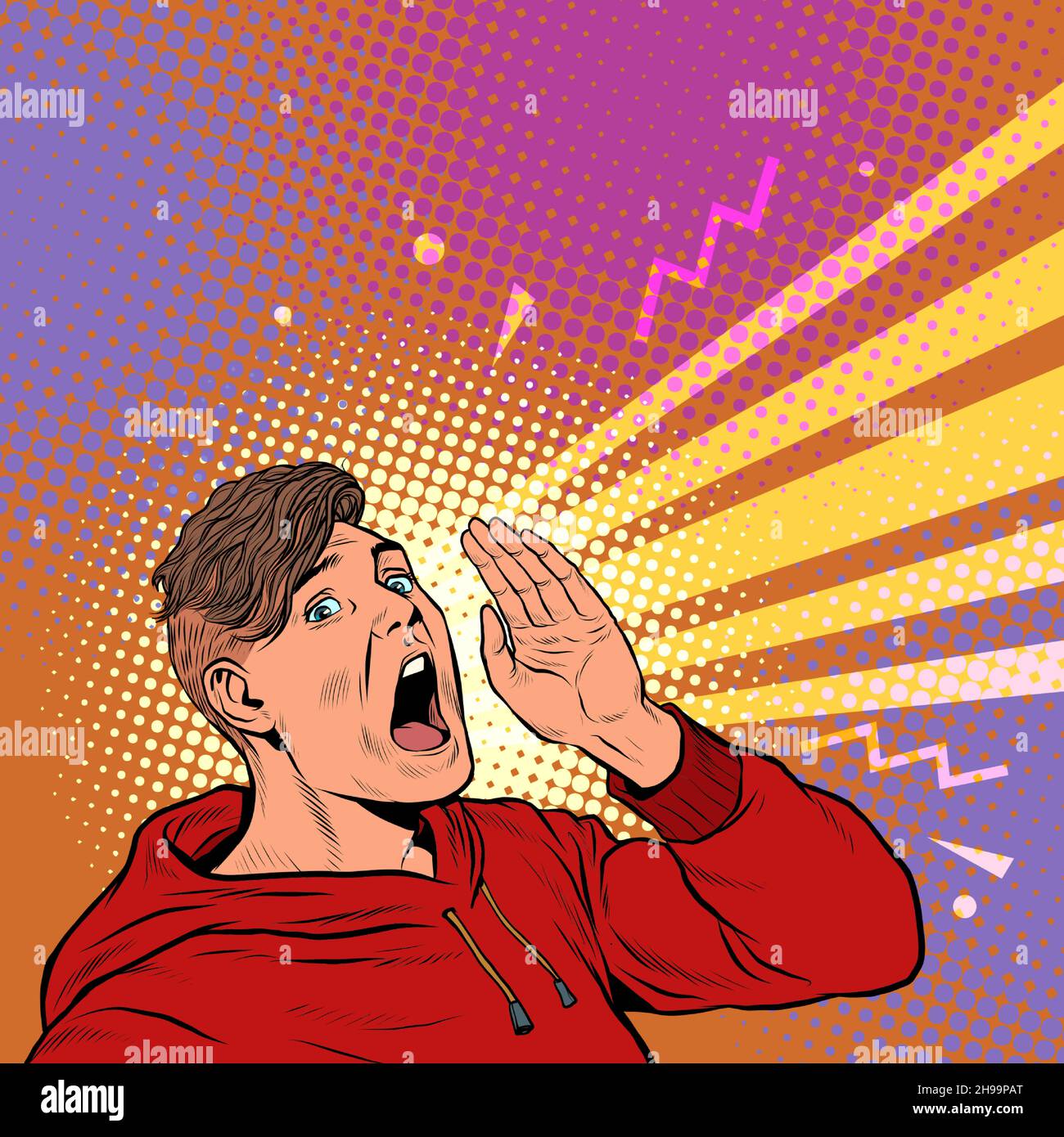 Ein junger Mann schreit eine Ankündigung der Pop-Art, Werbevorlage Poster-Stil Stock Vektor