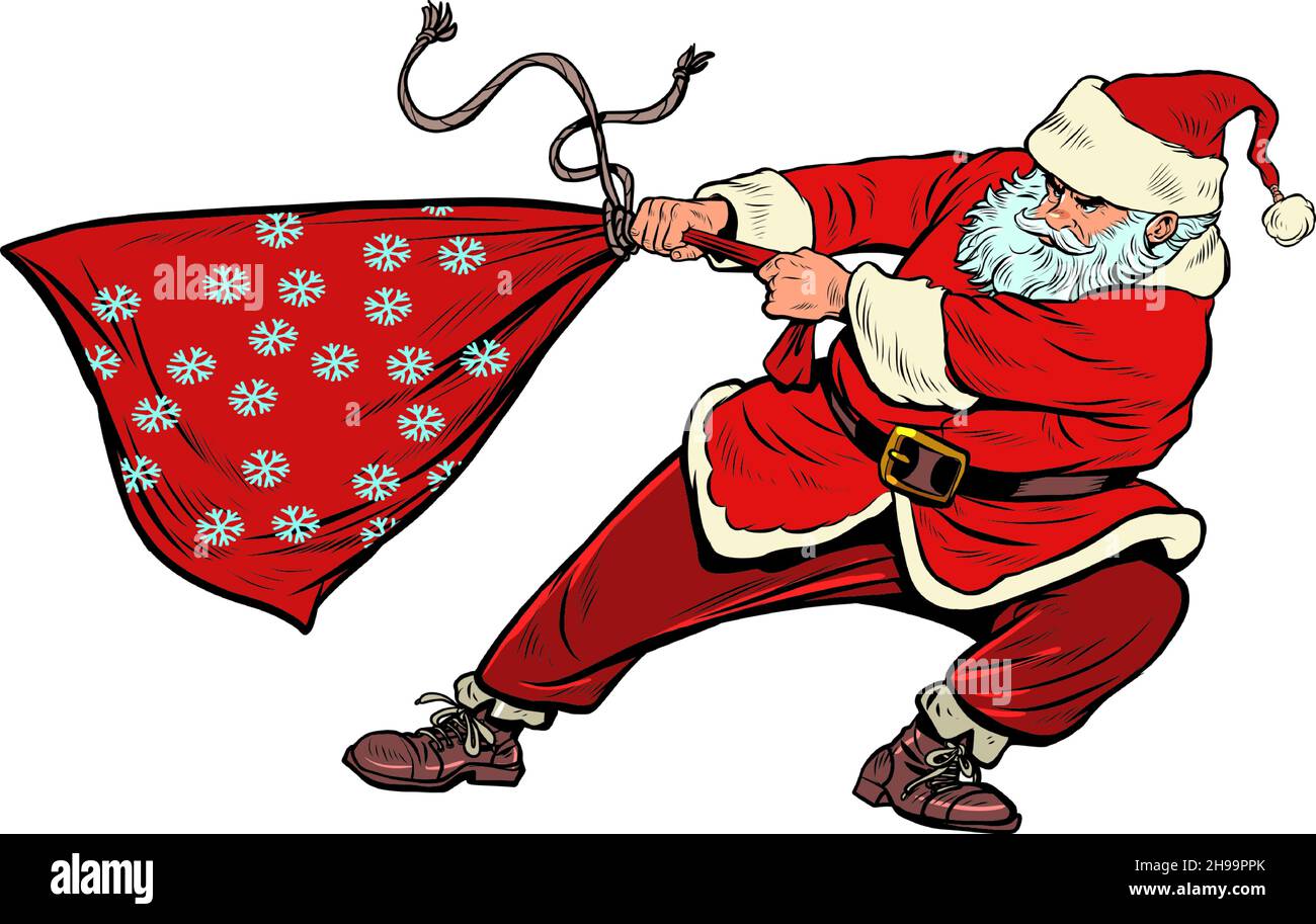 Der Weihnachtsmann zieht eine schwere Tasche, viele Geschenke. Weihnachten und Neujahr Winterferien Stock Vektor