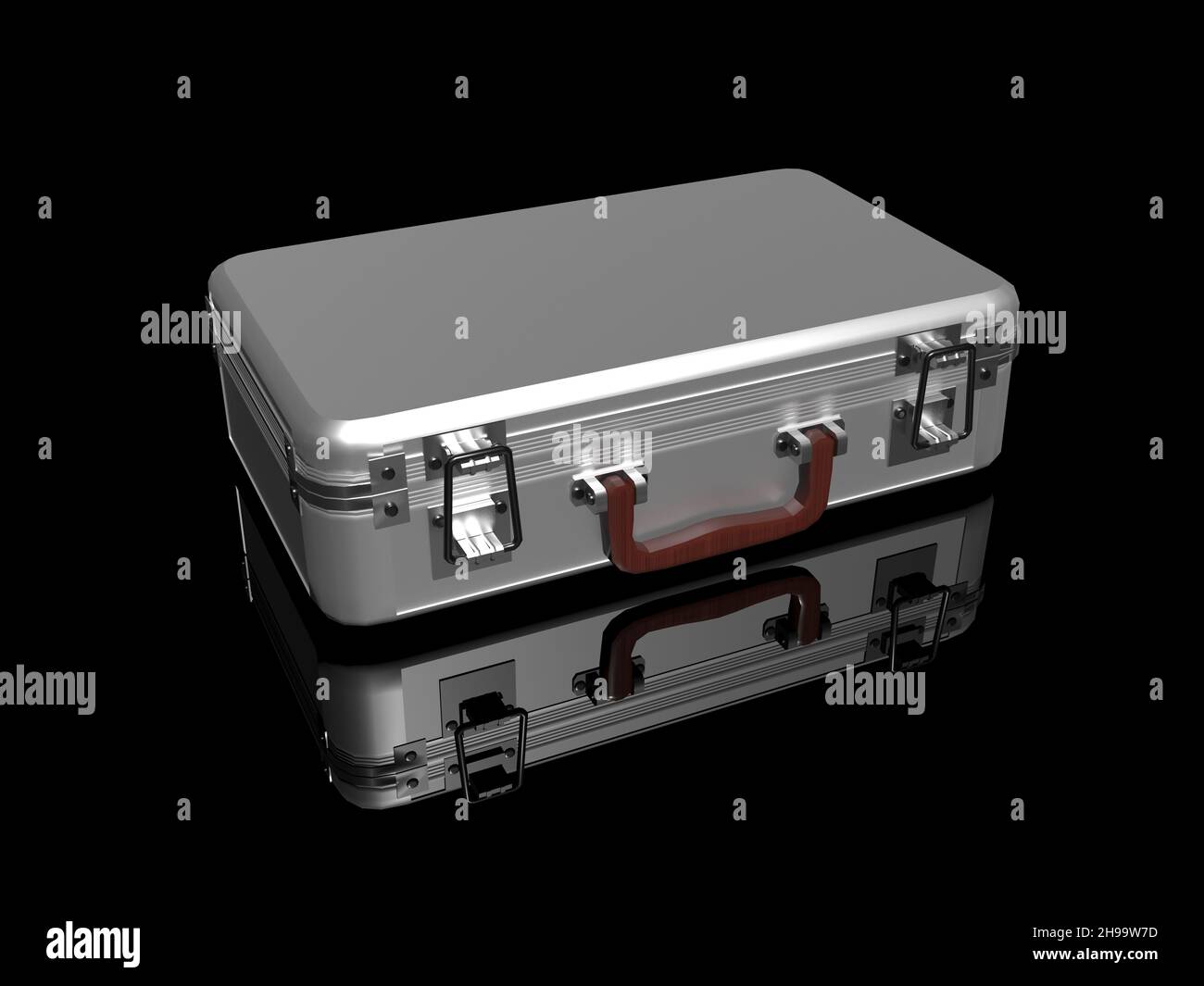 3D- Rendering. Das geschlossene Aluminiumgehäuse ruht auf einer glänzend schwarzen Oberfläche. Stockfoto
