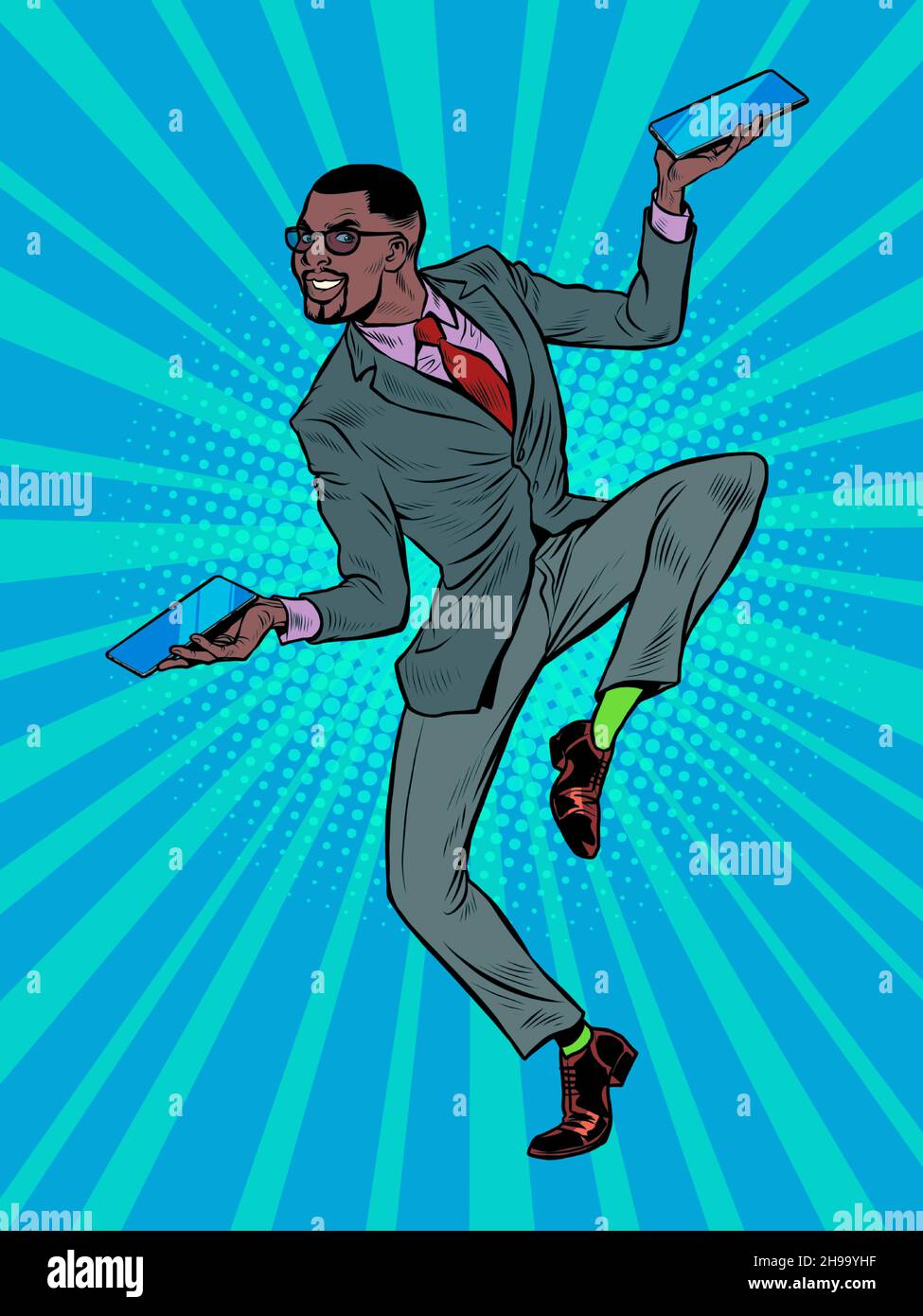 afrikanischer Geschäftsmann mit zwei Smartphones, lustige Tanzpose der Freude Stock Vektor