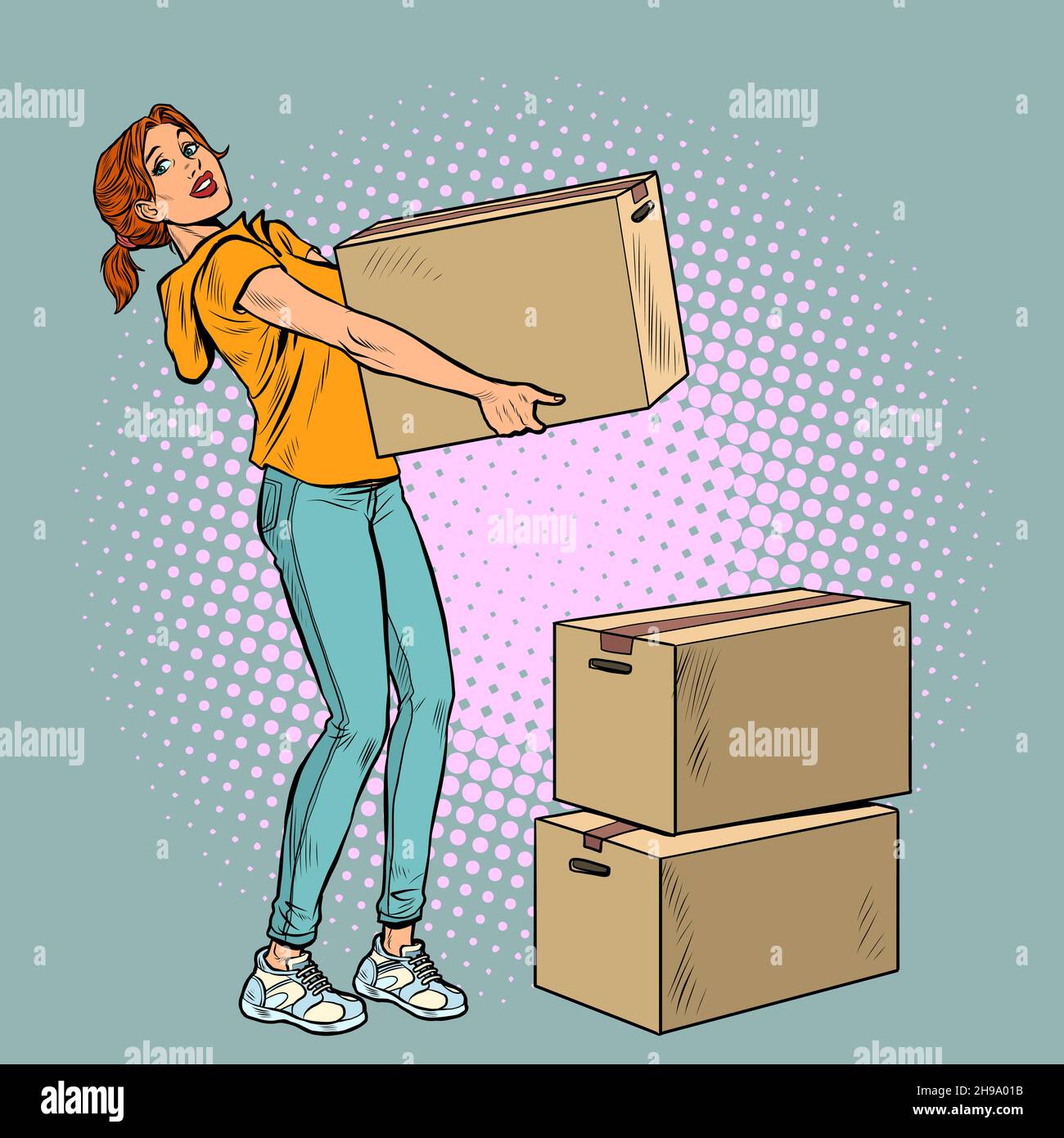 Junge Frau bewegt sich mit Kisten. Lieferung und Verpackung von persönlichen Sachen Stock Vektor