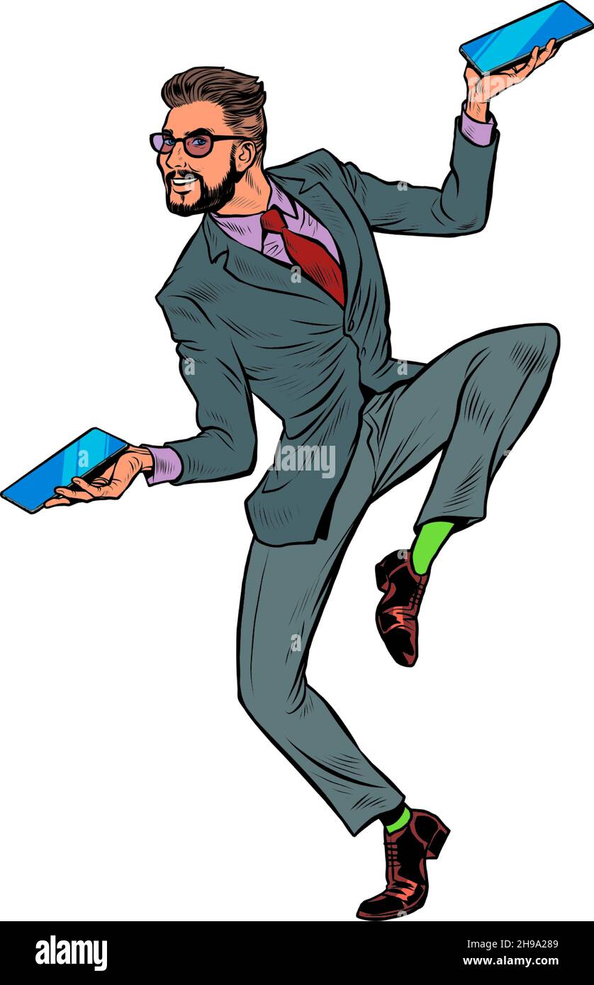 Geschäftsmann mit zwei Smartphones, lustige Tanzpose der Freude Stock Vektor