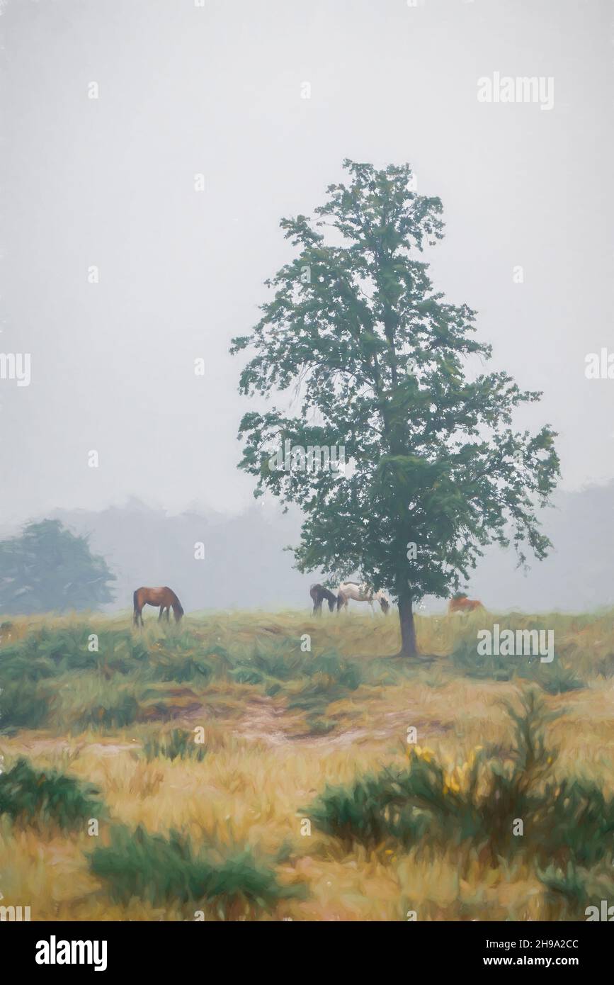 Pferde grasen auf der Weide, mehrfarbige Texturmalerei Stockfoto