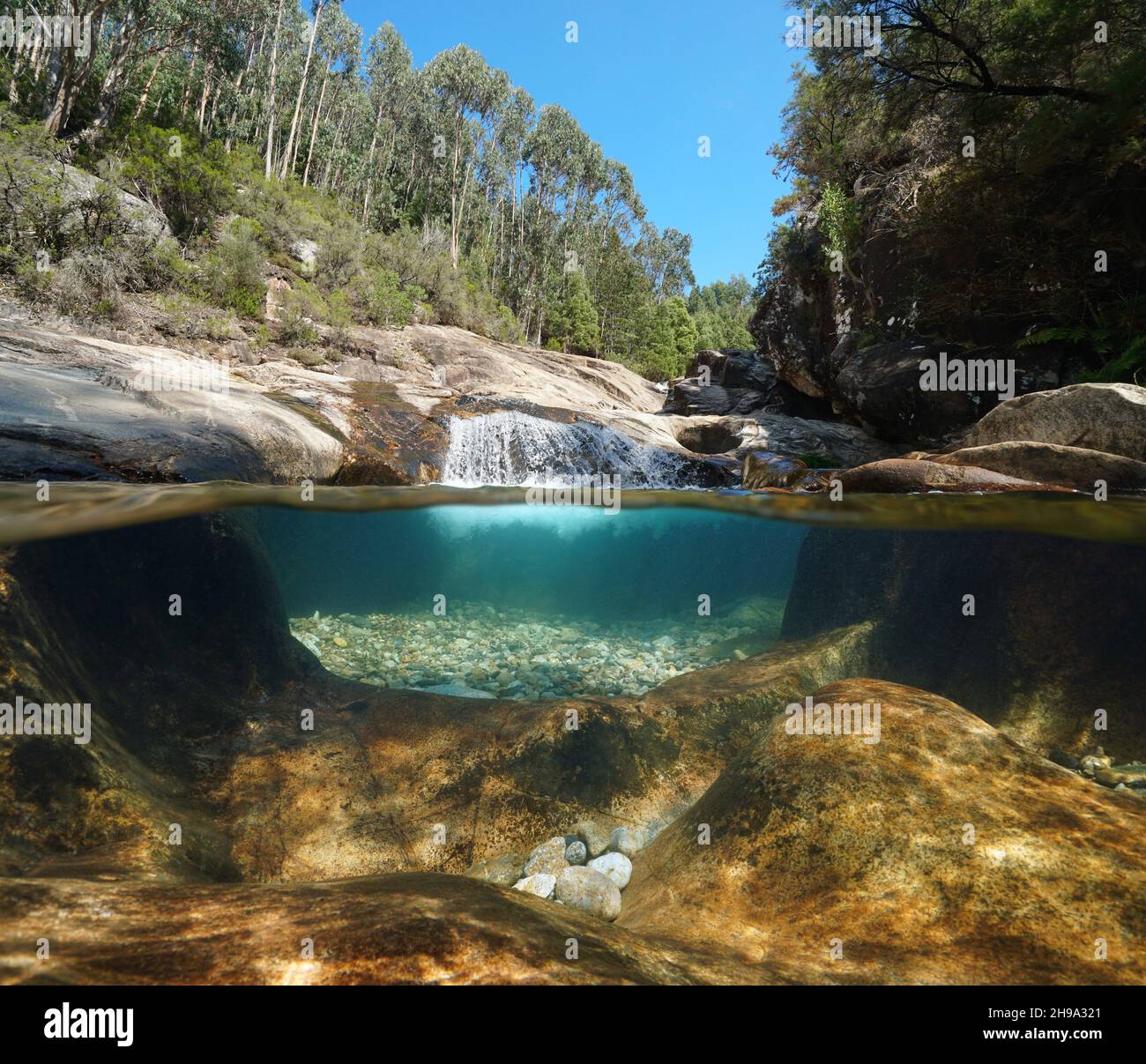 Natürlicher Bach mit kleinem Wasserfall, Flusslandschaft Split Blick über und unter Wasser, Spanien, Galizien, Pozas de Loureza, Tamuxe Fluss Stockfoto