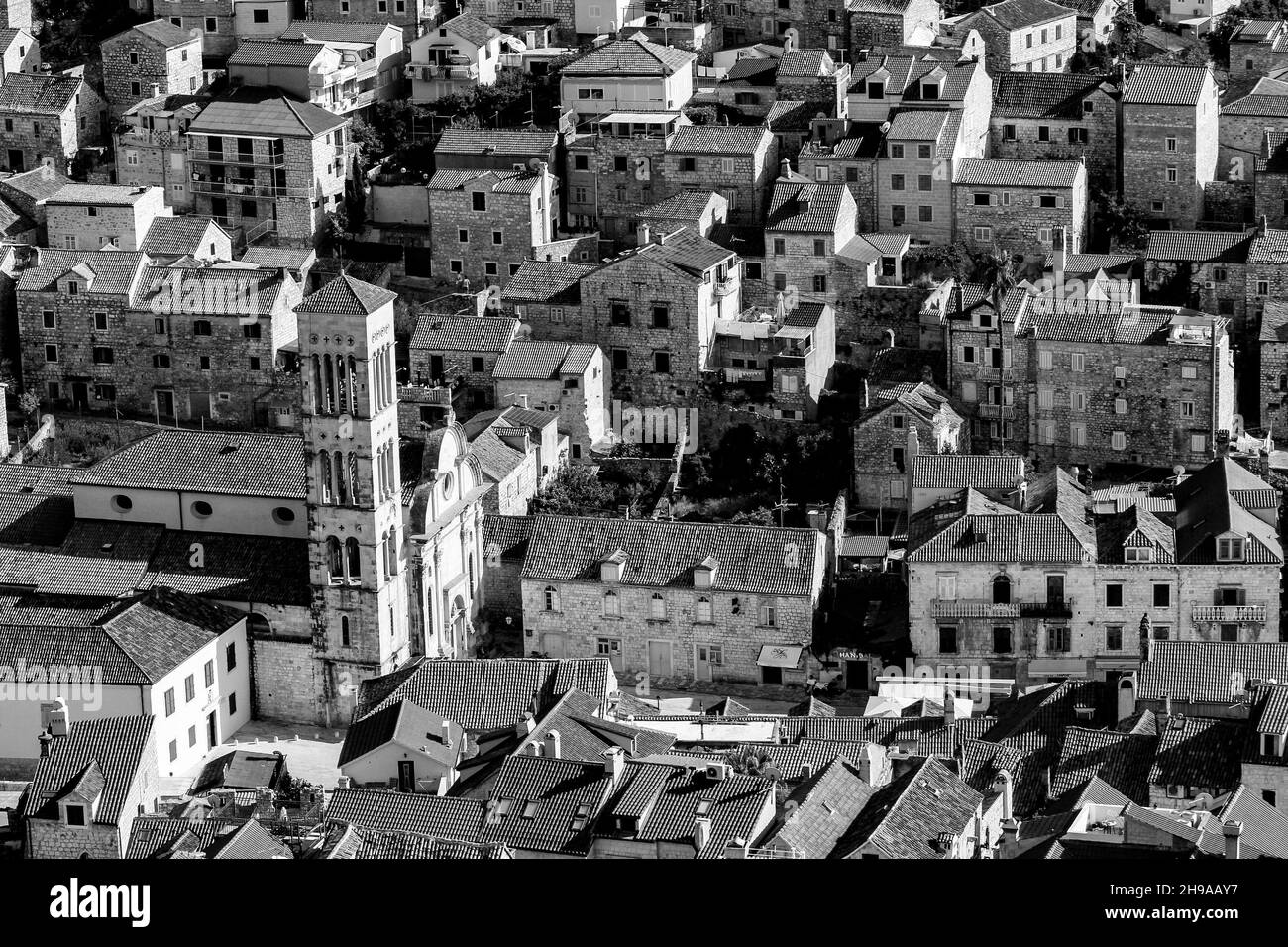 Panoramablick von der Stadt Hvar, vom Dr. Josip Avelini Park aus gesehen, Kroatien Stockfoto