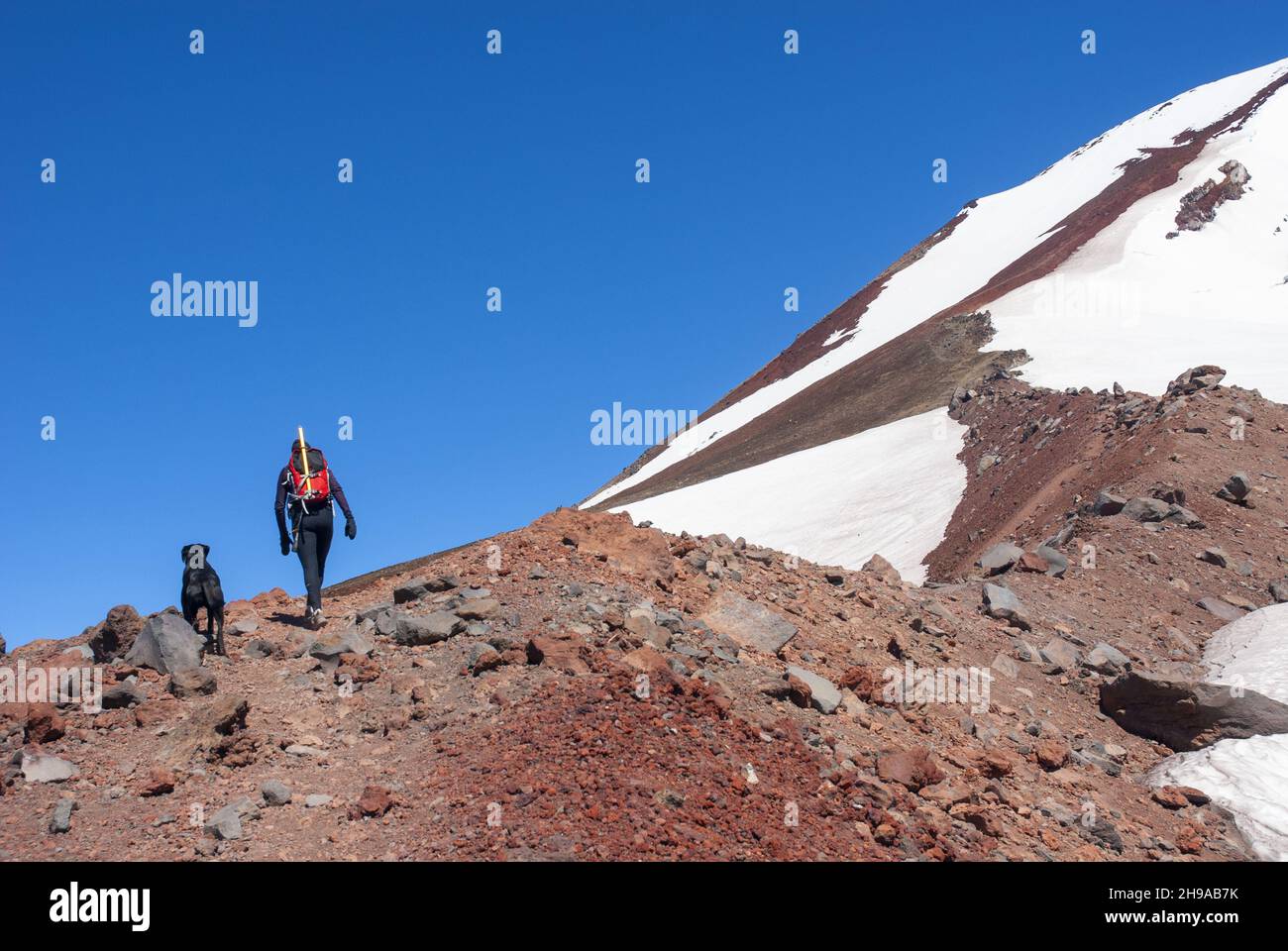 Alleinreisende Frau klettert auf den South Sister Mountain im Zentrum von Oregon Stockfoto