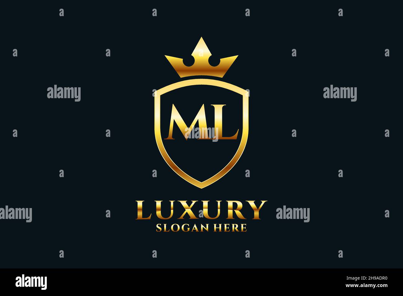 ML Elegantes Luxus-Monogramm-Logo oder Badge-Vorlage mit Rollen und königlicher Krone - perfekt für luxuriöse Branding-Projekte Stock Vektor