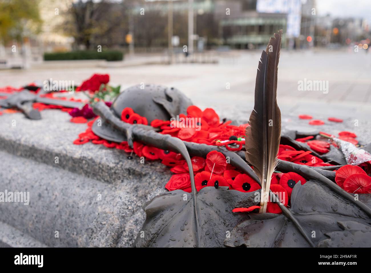 Federn auf dem Grab des unbekannten Soldaten in Ottawa, Ontario, in Erinnerung an die indigenen Soldaten, die ihr Leben für Kanada gaben. Stockfoto