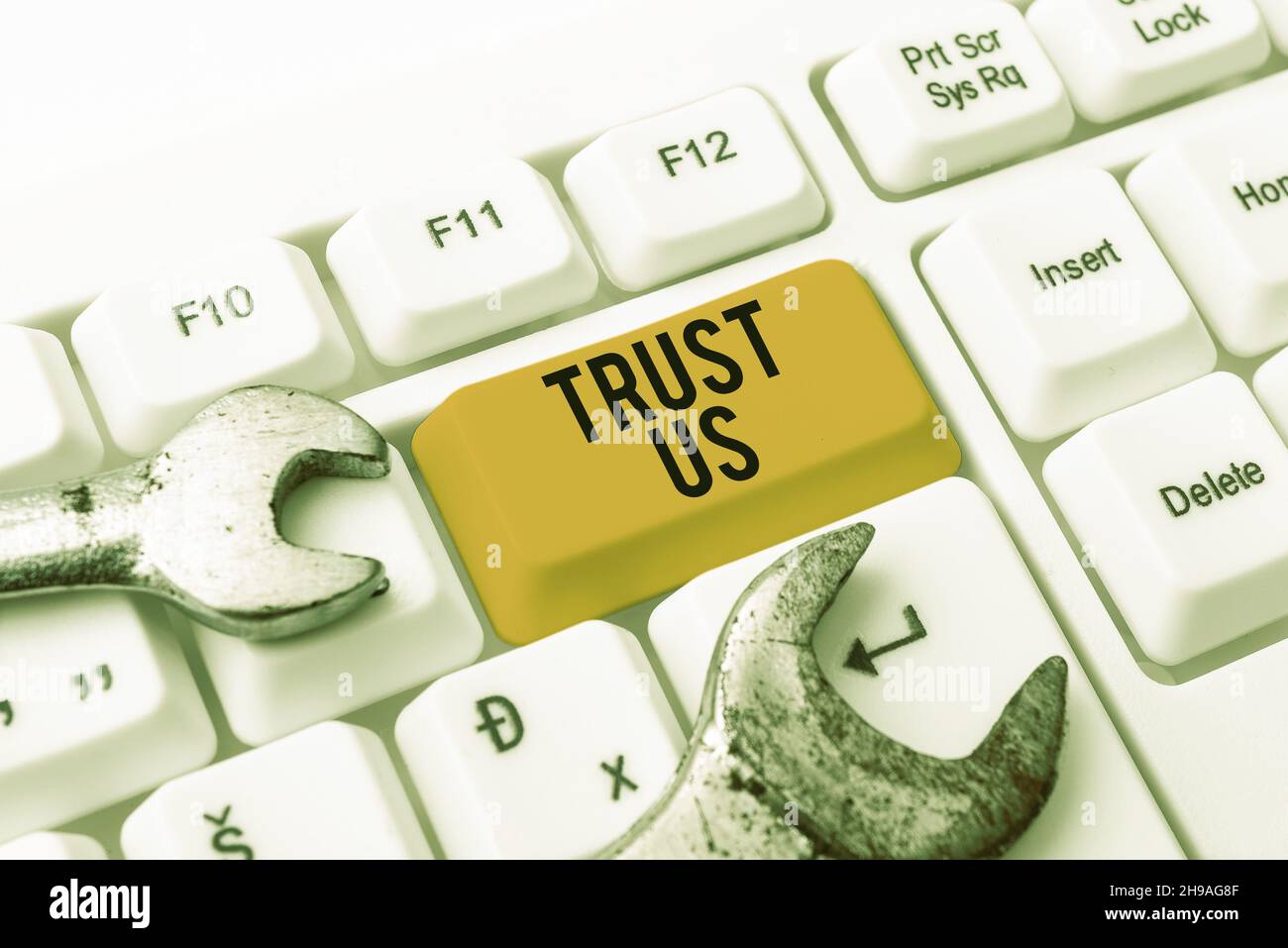 Handschriftenschild Vertrauen Sie uns. Business-Ansatz zu glauben, dass jemand gut und ehrlich ist und wird nicht schaden Schreiben interessante Online-Themen, tippen Stockfoto