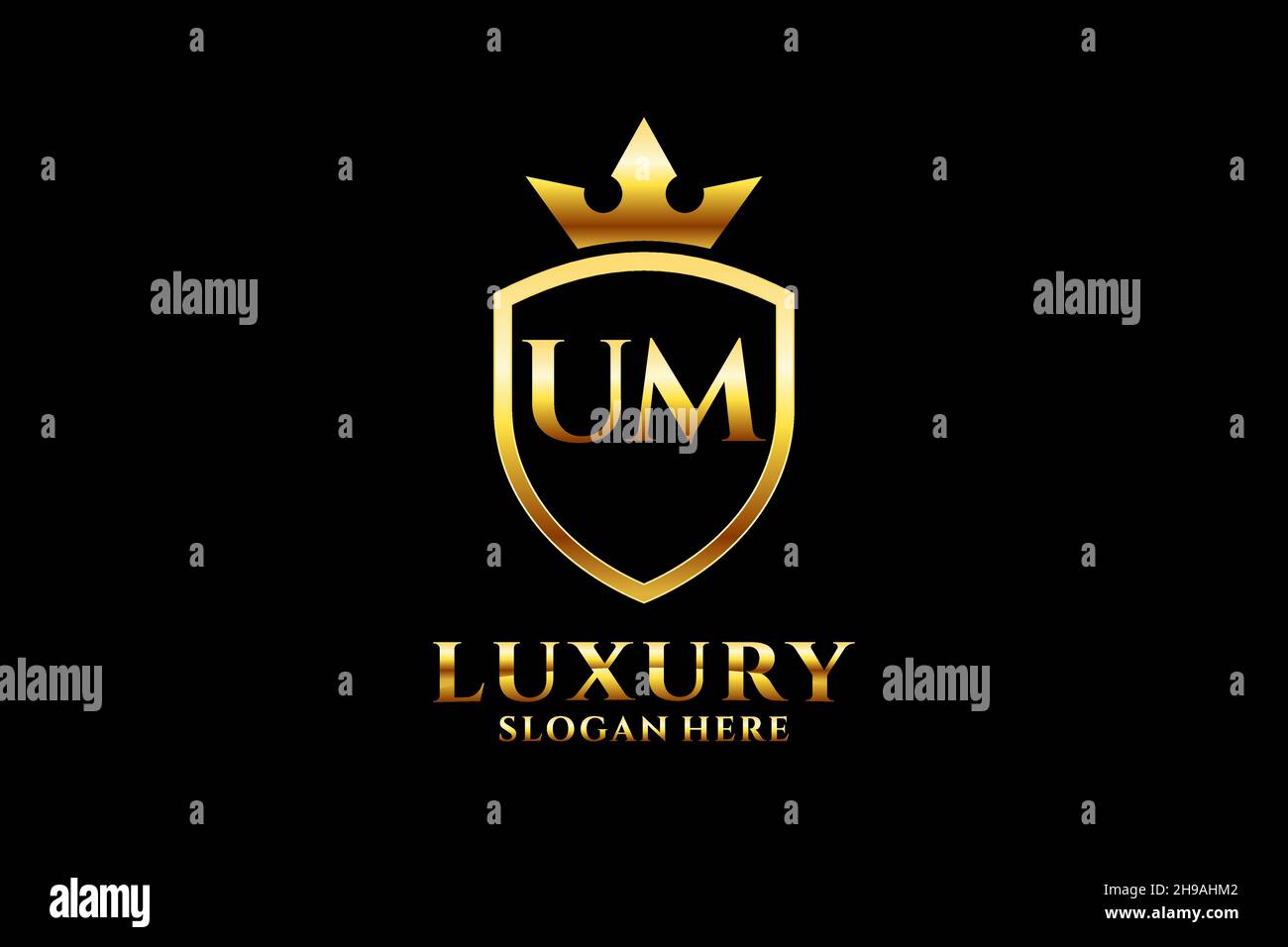 UM Elegantes Luxus-Monogramm-Logo oder Badge-Vorlage mit Rollen und königlicher Krone - perfekt für luxuriöse Branding-Projekte Stock Vektor