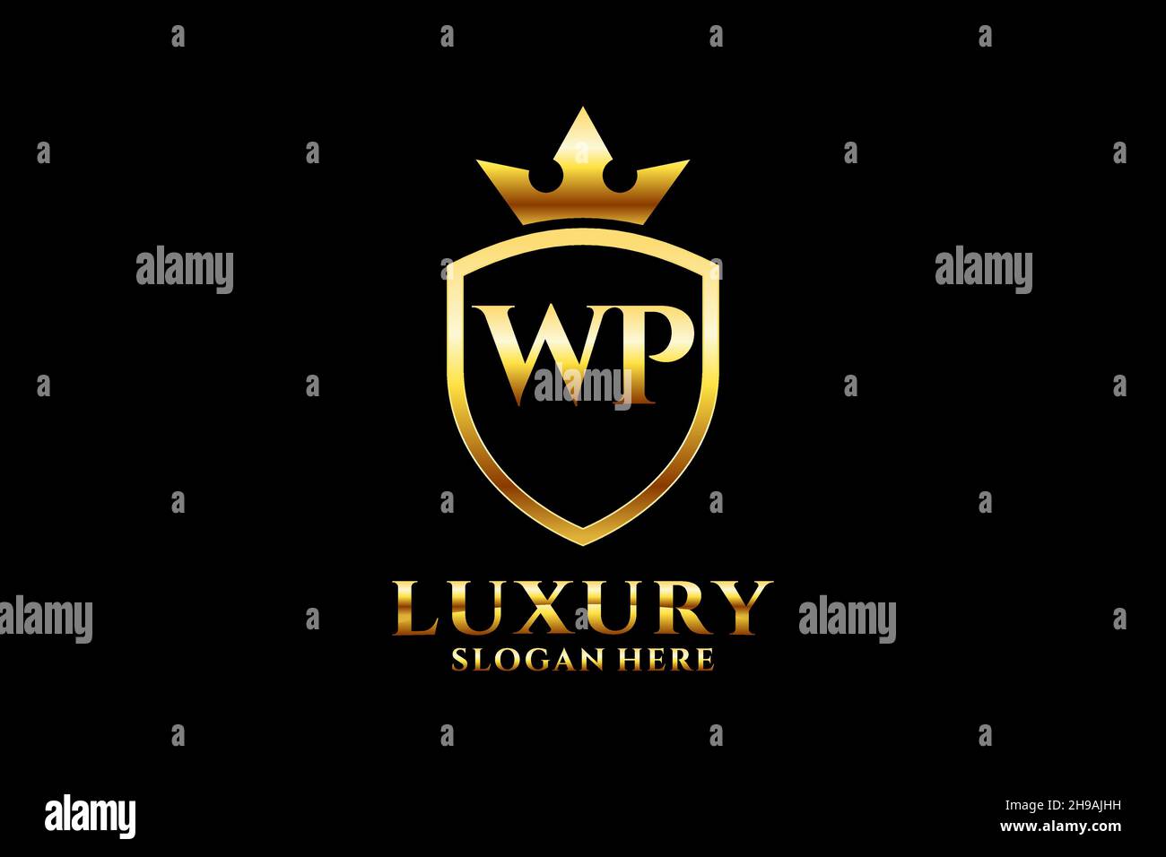 WP Elegantes Luxus-Monogramm-Logo oder Badge-Vorlage mit Rollen und königlicher Krone - perfekt für luxuriöse Branding-Projekte Stock Vektor