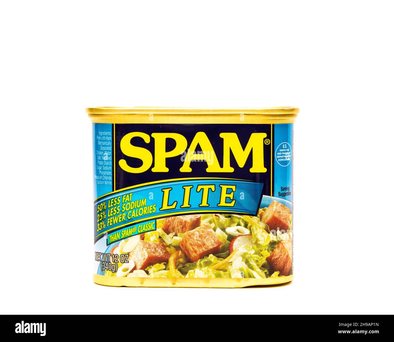 Ein Bild einer Dose Hormel Spam Lite, vollständig gegartes Schweinefleisch mit weniger Fett, Natrium und Kalorien isoliert auf Weiß Stockfoto