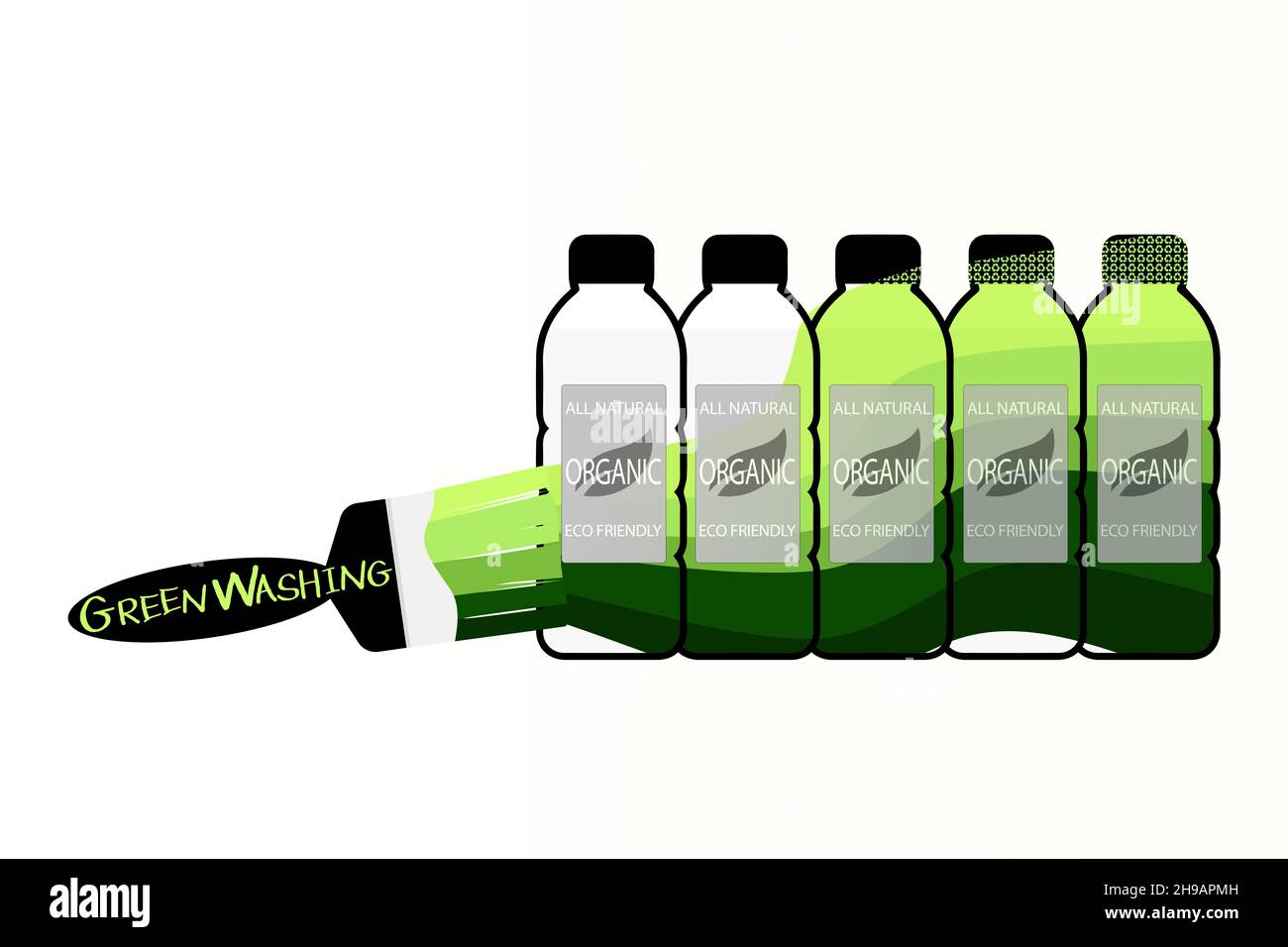 Greenwashing-Etiketten für Verbraucher, um irreführende Umweltinformationen zu geben, fünf Plastikflaschen grün gewaschen, um umweltfreundlich zu erscheinen. Stockfoto