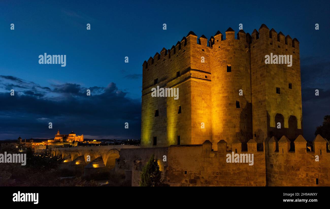 Nachtansicht des Calahorra-Turms am Ende der römischen Brücke am Guadalquivir-Fluss, Cordoba, Provinz Cordoba, Autonome Gemeinschaft Andalusien, Spanien Stockfoto