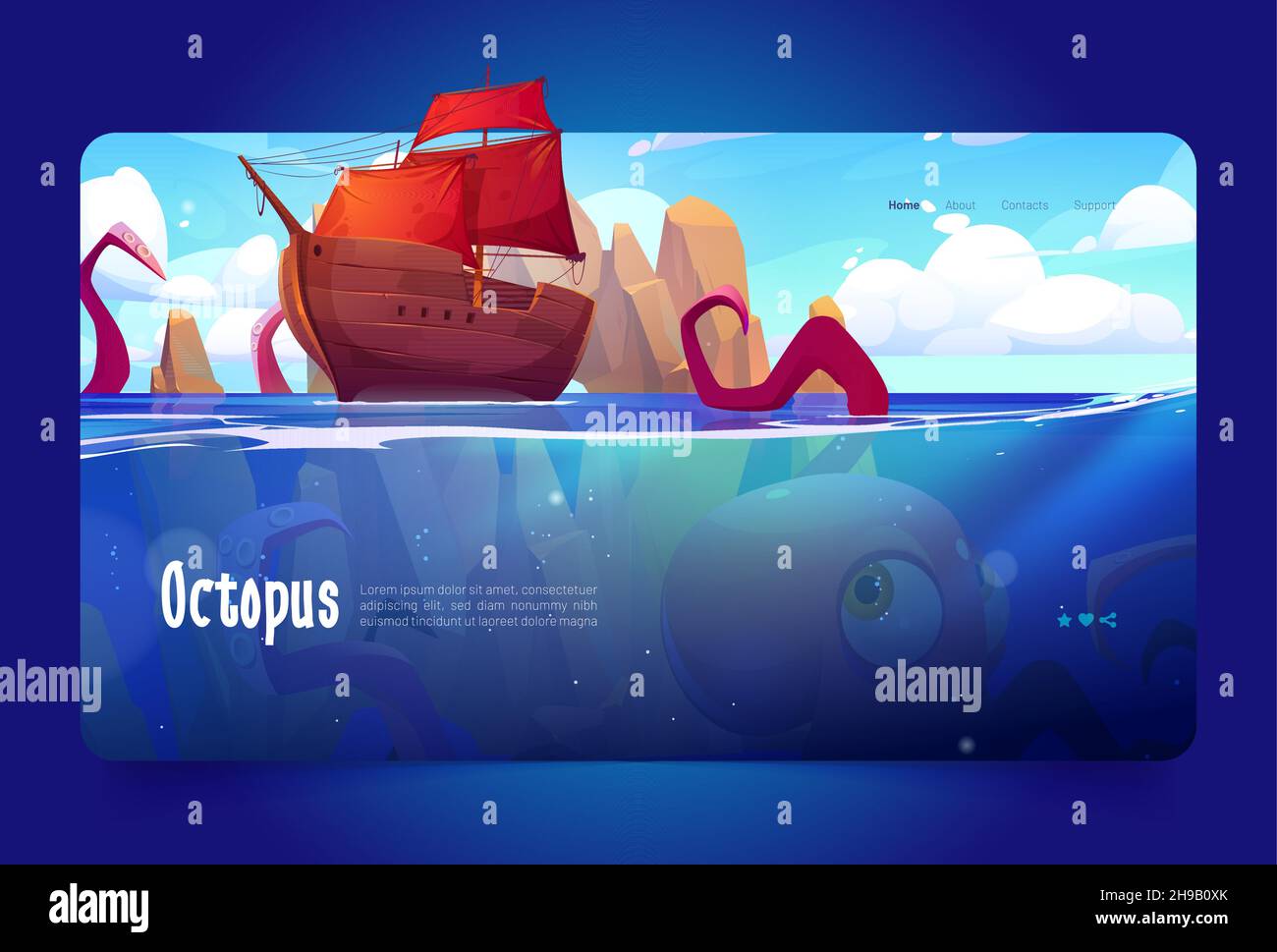 Octopus Cartoon Landing Page, riesiges kraken Monster, legendäre skandinavische Folklore Kreatur versuchen, Holzschiff, das Tentakeln über die Wasseroberfläche des Ozeans dehnt, Vector Web Banner zu bringen Stock Vektor