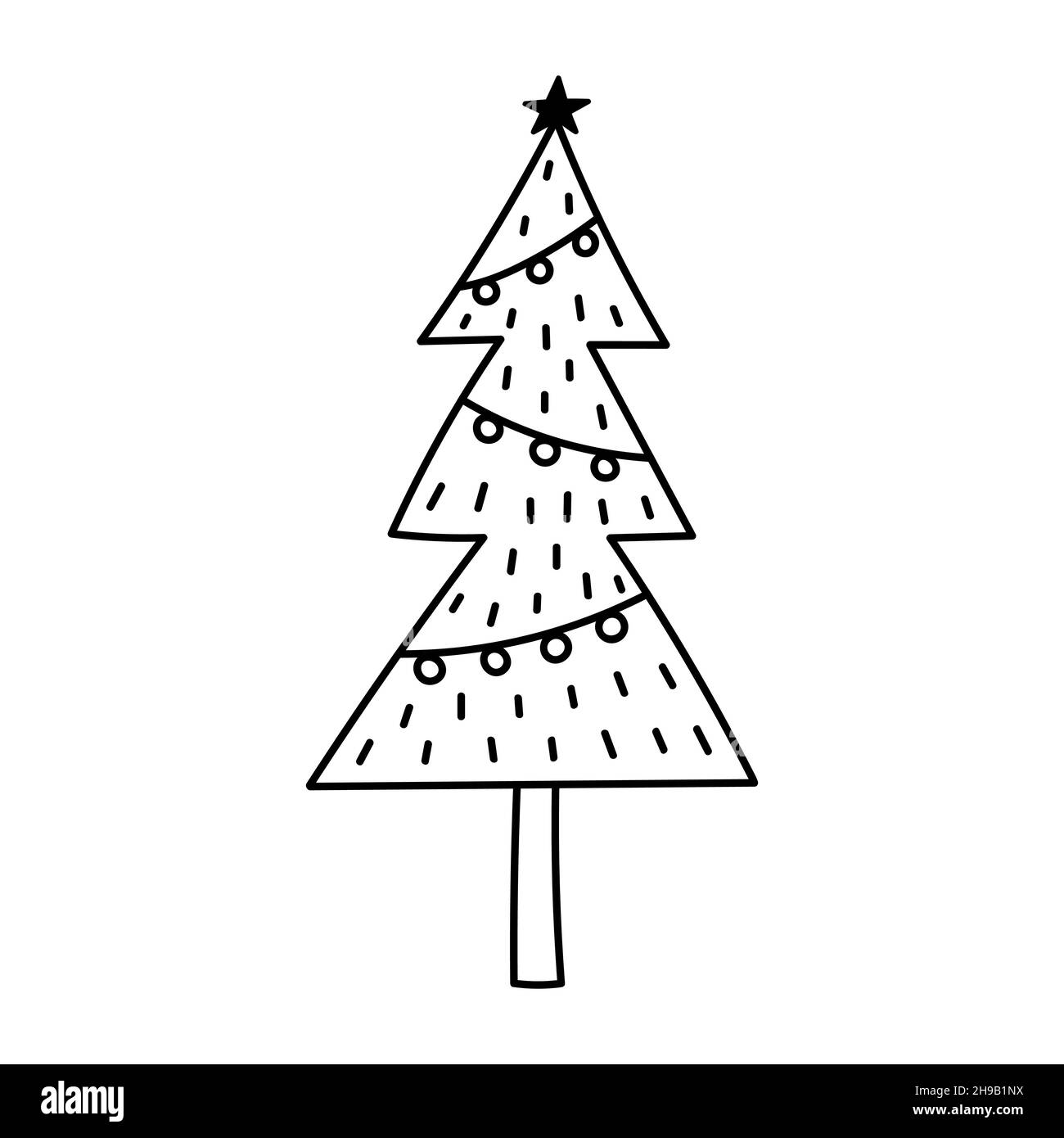 Niedlicher Weihnachtsbaum mit einer Girlande isoliert auf weißem Hintergrund. Vektor-handgezeichnete Illustration im Doodle-Stil. Verzierte Tannenbäume Stock Vektor