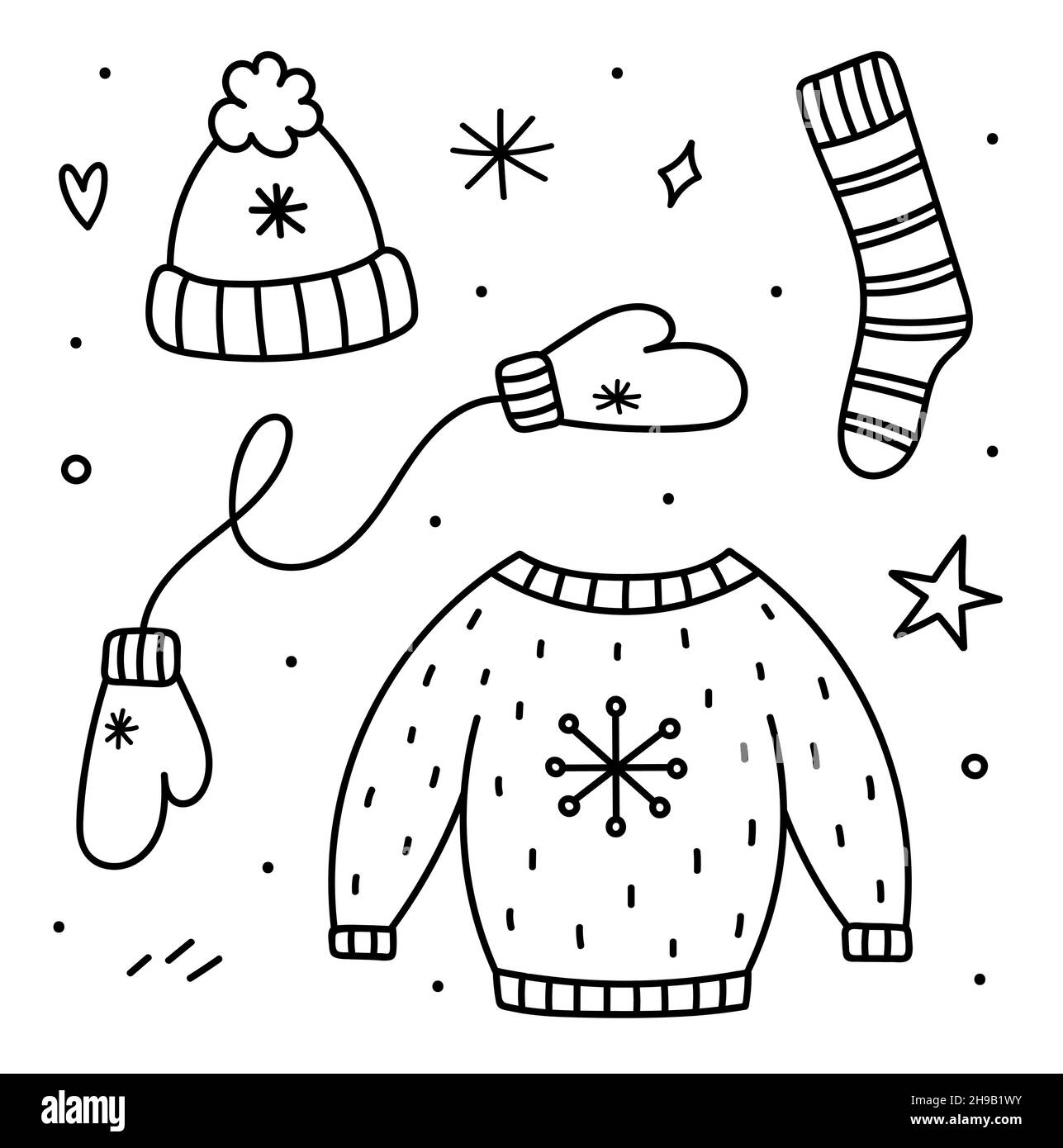 Niedliches Set aus Winterkleidung - ein warmer Hut, Fäustlinge, Socken und ein Strickpullover. Vektor-handgezeichnete Illustration im Doodle-Stil. Perfekt für Urlaub und Weihnachten Designs, Karten, Logo, Dekorationen. Stock Vektor
