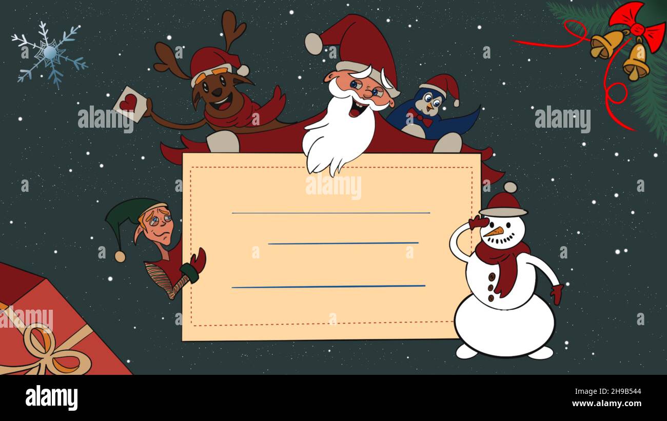 Weihnachtskarte mit Weihnachtsmann, Hirsch, Pinguin, Elf und Schneemann Stockfoto