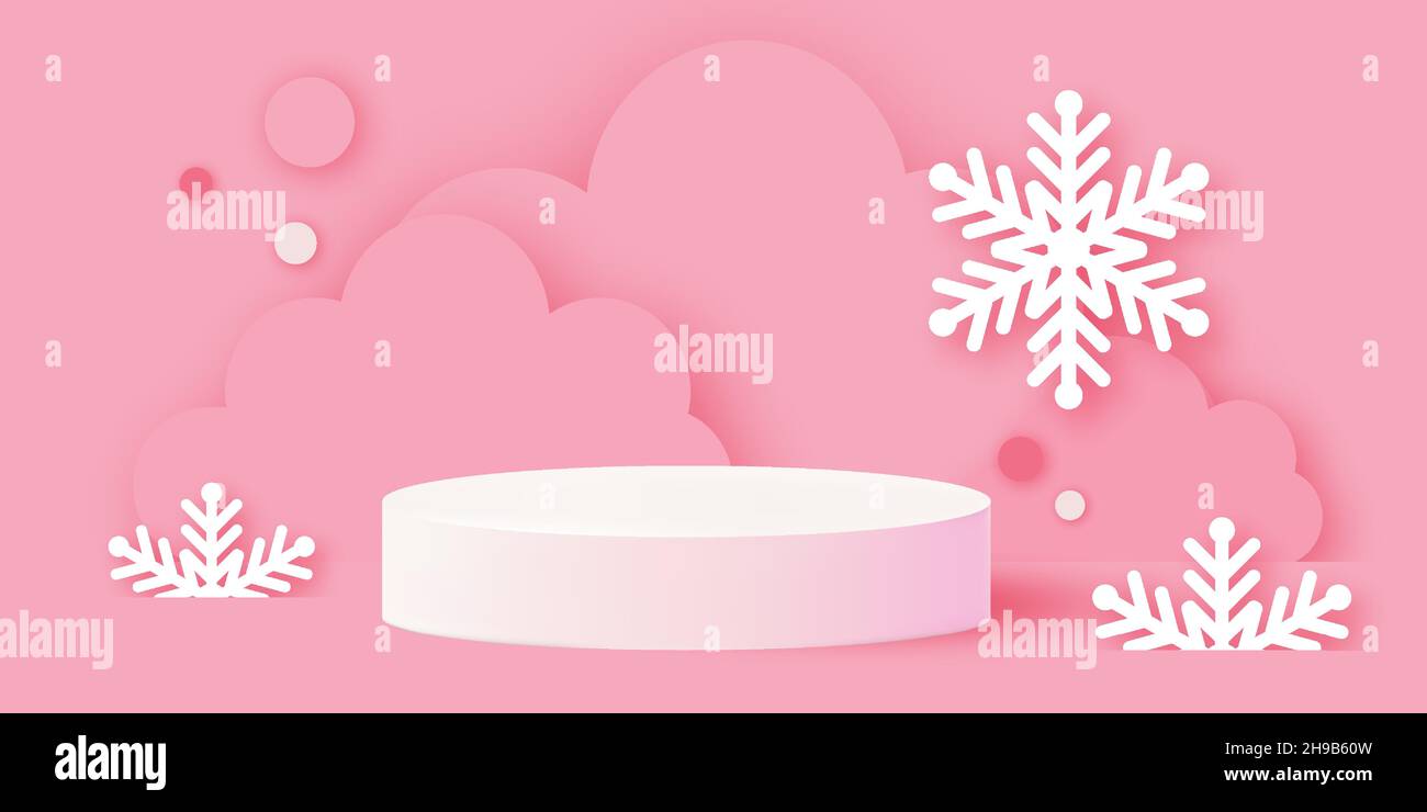 Weihnachten und Neujahr 3D Podium Szene oder Sockel auf pastellfarbenem Hintergrund mit minimalen geometrischen Wolken, Schneeflocken Formen Papier geschnitten Handwerk Studio für di Stock Vektor