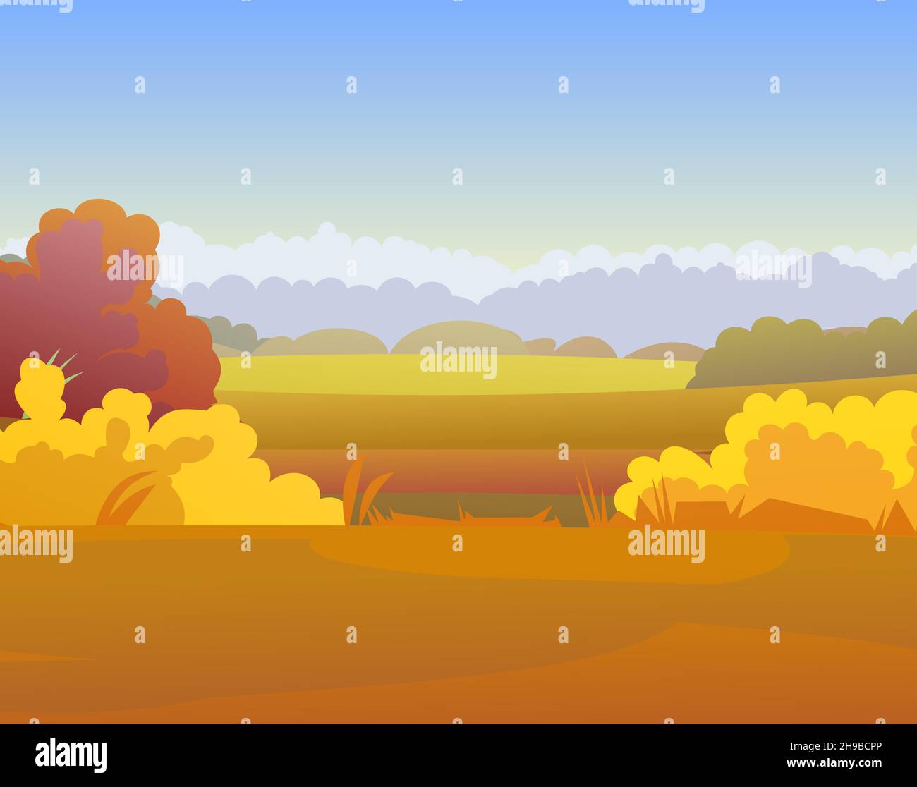 Schöne ländliche Herbstlandschaft. Rustikale Tierwelt. Dorf ist Weide und Gemüsegarten. Bäume und Sträucher. Erntezeit des Jahres. Gelb und orange Stock Vektor