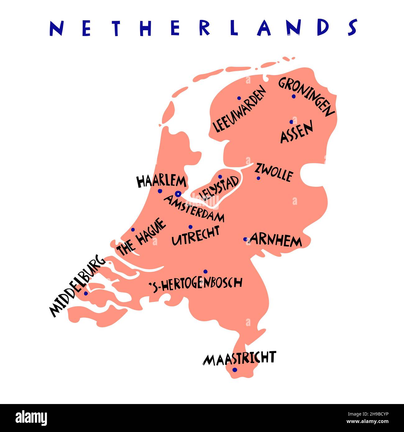 Vektor Hand gezeichnet Niederlande Hauptstädte Städte Karte. Niederlande Königreich Reise Illustration. Geografische Abbildung. Europa-MAP-Element Stock Vektor