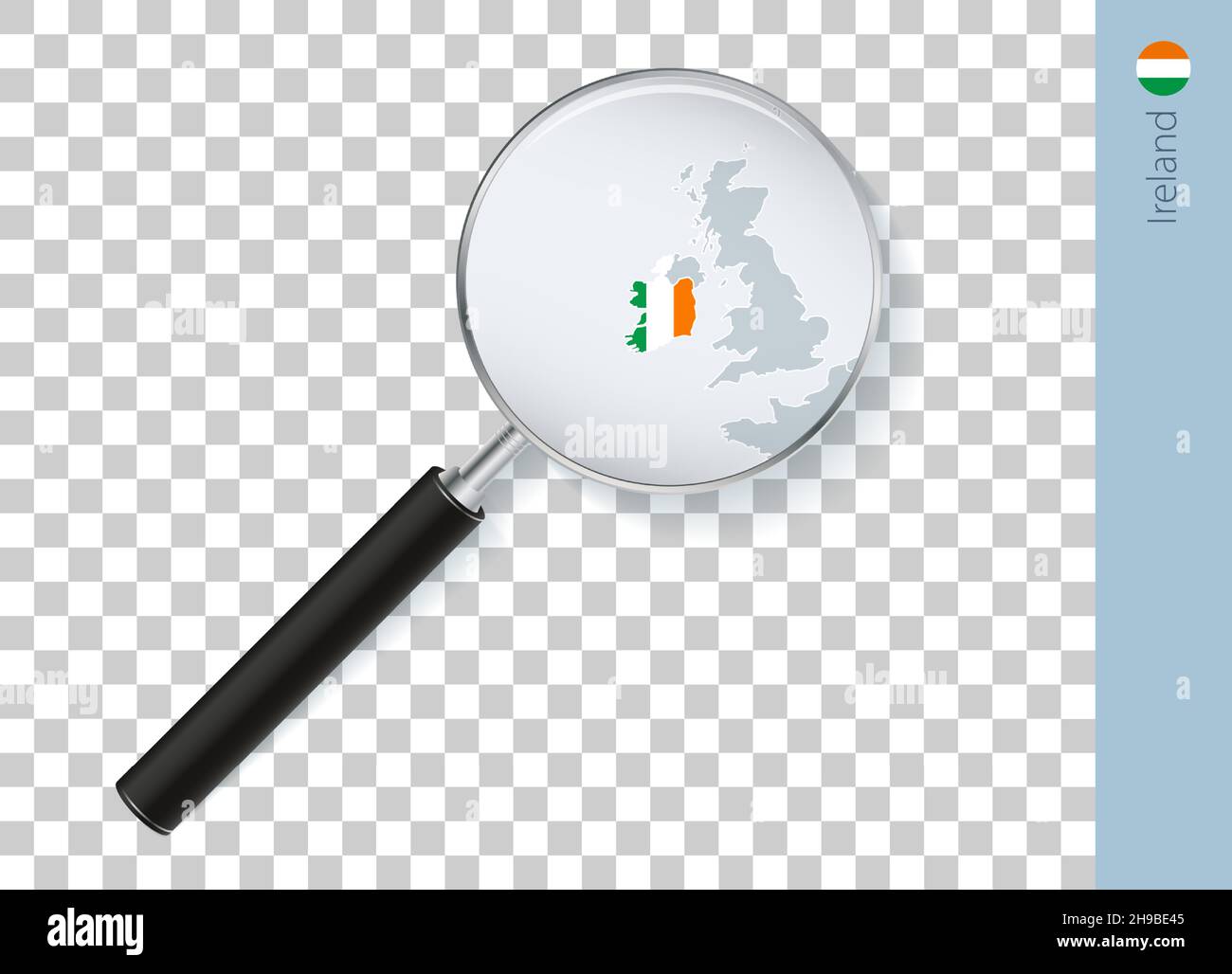 Irland-Karte mit Flagge in Lupe auf transparentem Hintergrund. Vektorlupe mit Karte. Stock Vektor