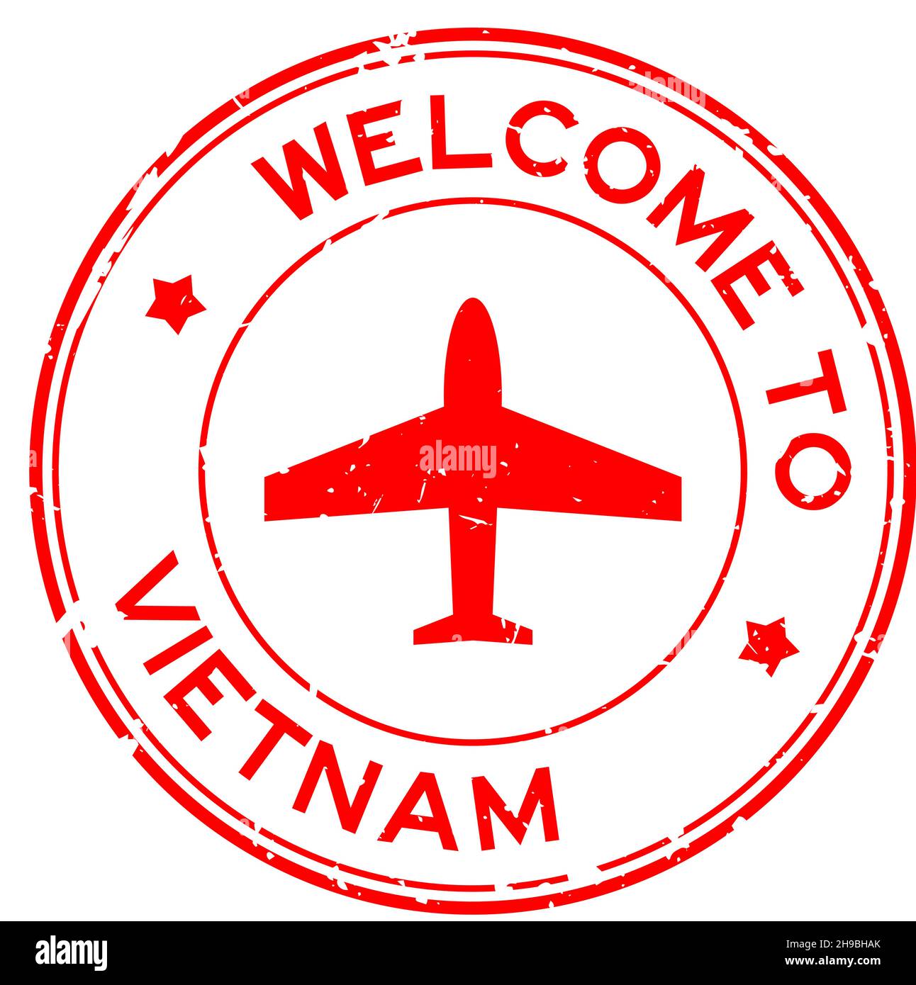 Grunge rot Willkommen in Vietnam Wort mit Flugzeug-Symbol rund Gummi-Siegel-Stempel auf weißem Hintergrund Stock Vektor