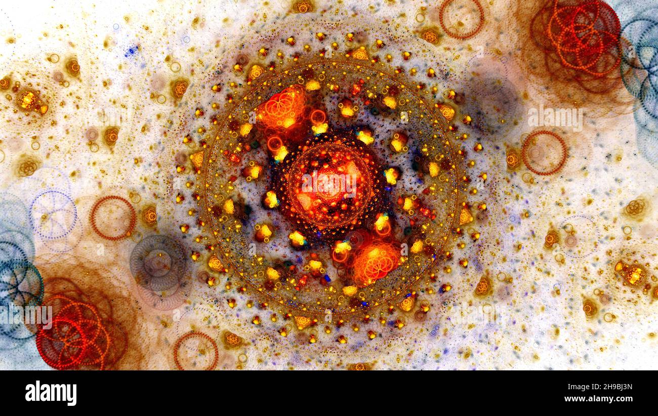 Feurig glühendes Atommodell, computergenerierter abstrakter Hintergrund, 3D Render Stockfoto