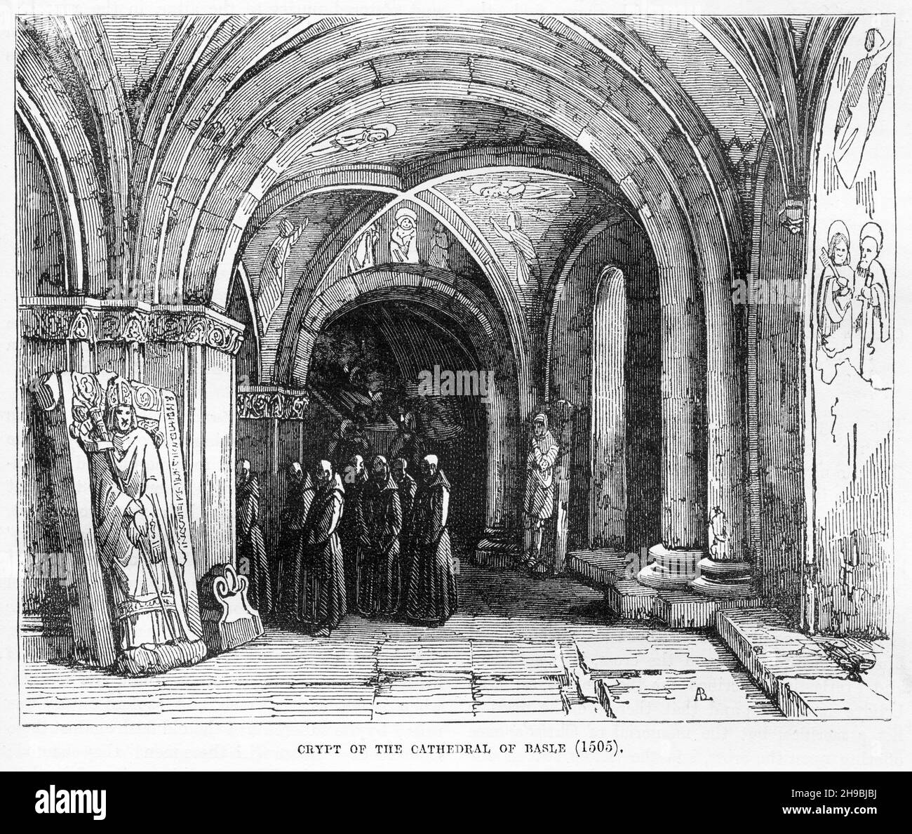 Gravur der Krypta im Basler Dom; um 1505 Stockfoto