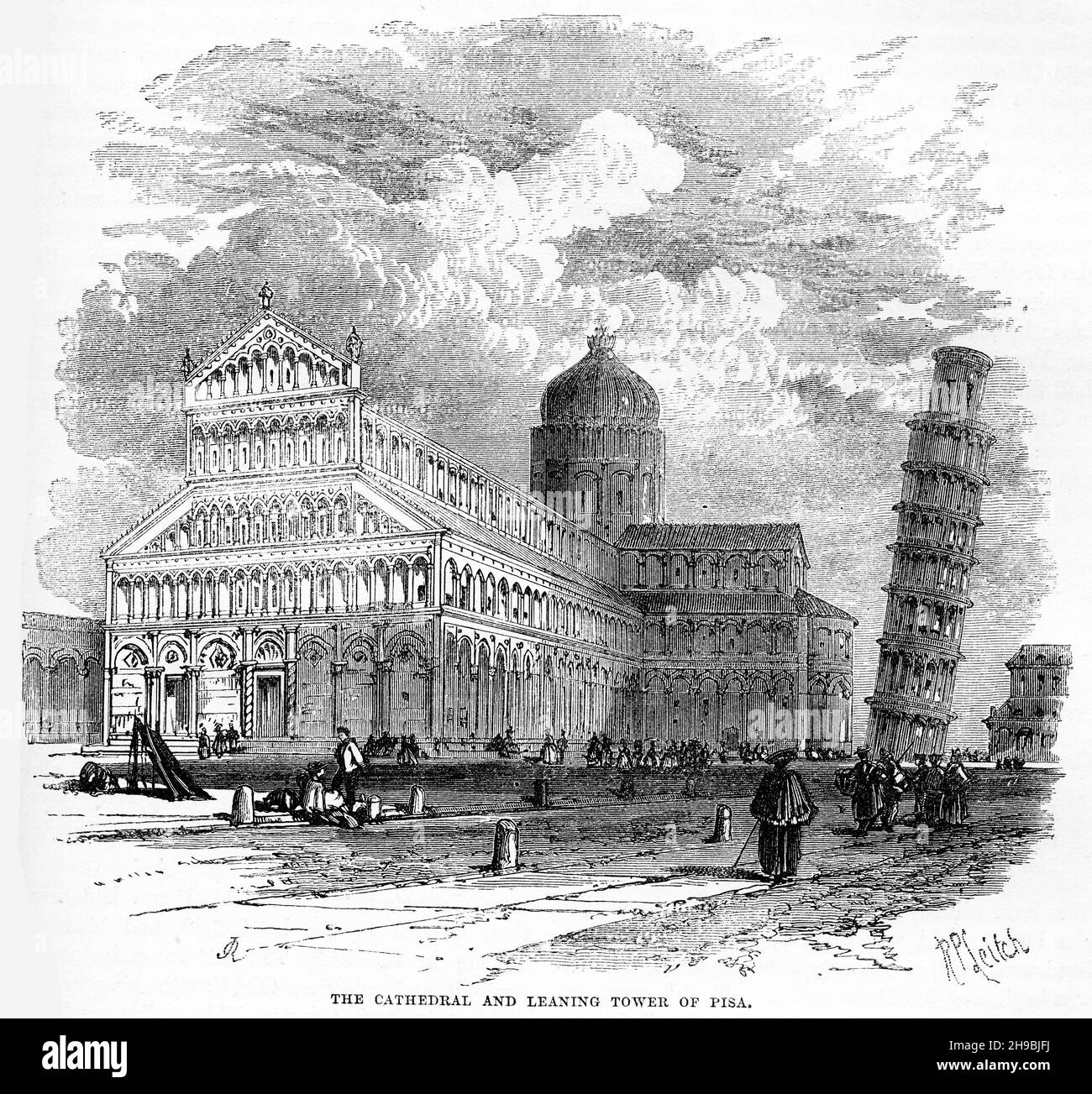 Gravur der Kathedrale und des schiefen Turms von Pisa in Italien, aus einer Publikation um 1880. Stockfoto