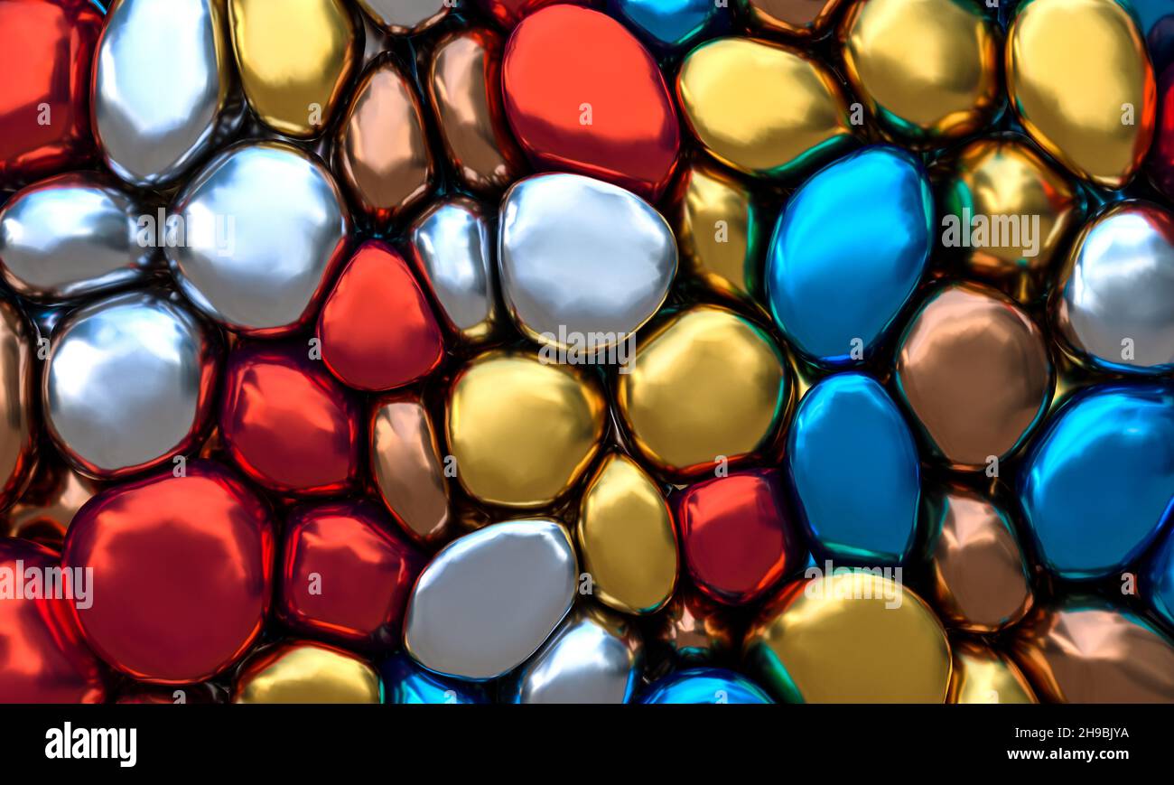 Abstrakter Hintergrund von deformierten Metallkugeln in verschiedenen Farben. 3D Rendern Stockfoto