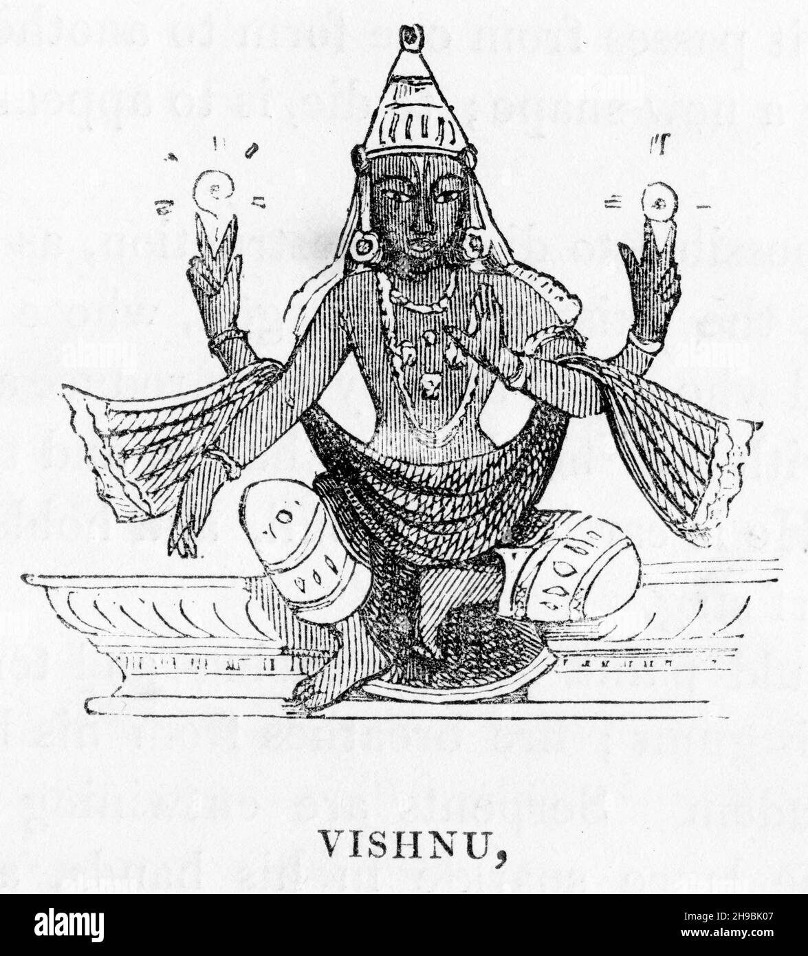 Gravur des Hindu-gottes Vishnu. Aus einem 19th. Jahrhundert veröffentlichungüber heidnische Mythologie Stockfoto Gravur des Hindu-gottes Vishnu. Aus einem 19th. Jahrhundert veröffentlichungüber heidnische Mythologie Stockfoto