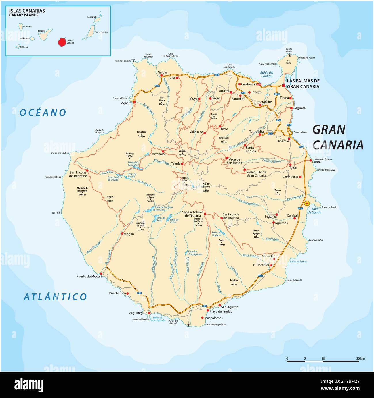 Vektor-Straßenkarte der Kanarischen Insel Gran Canaria Stock Vektor