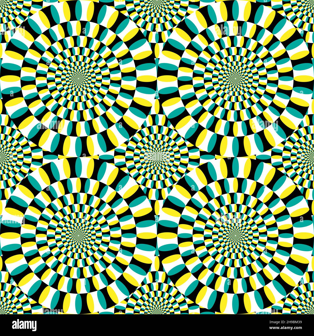 Vektor der optischen Täuschung. Kreisförmiges Design in gelb, grün, schwarz und weiß. Konzentrische Kreise, die das Auge dazu verleiten, sich drehende Bewegungen zu sehen. EPS10 V Stock Vektor