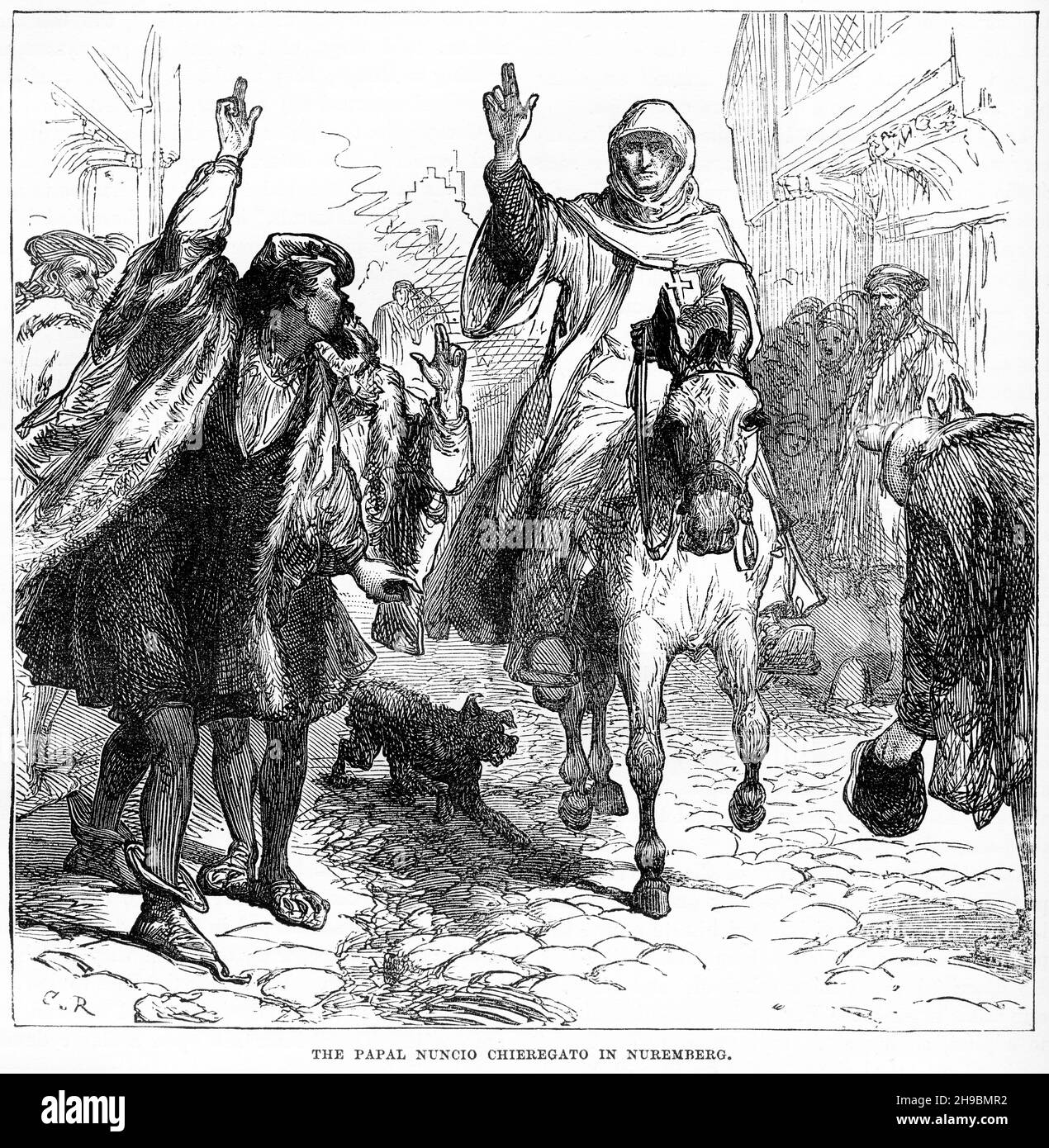 Stich des päpstlichen Nuntius Francesco Chiericati (1479 – 1539) bei der Ankunft in Nürnberg. Chiericati (aka Chieregati oder Chieregato) war auch Bischof und Mitglied des Hauses Chiericati aus Vicenza. Stockfoto