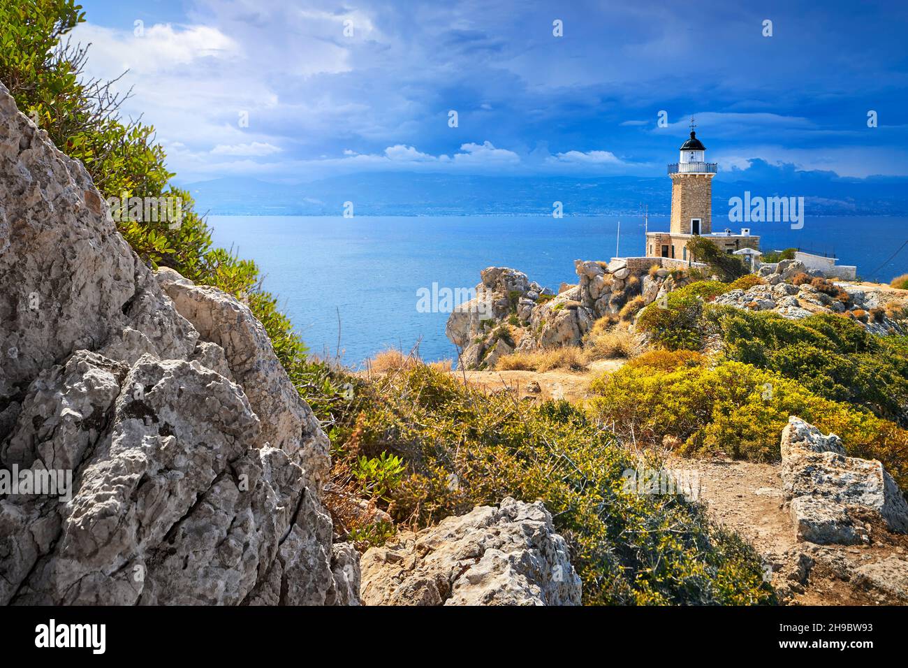 Leuchtturm Melagkavi, Kap Ireon, Peloponnes, Griechenland Stockfoto
