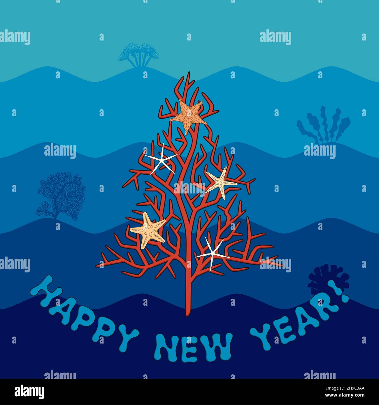 Weihnachtskarte mit einer Korallentanne, Seesternen und Herzlichen Glückwunsch. Farbiger Vektorhintergrund. Stock Vektor