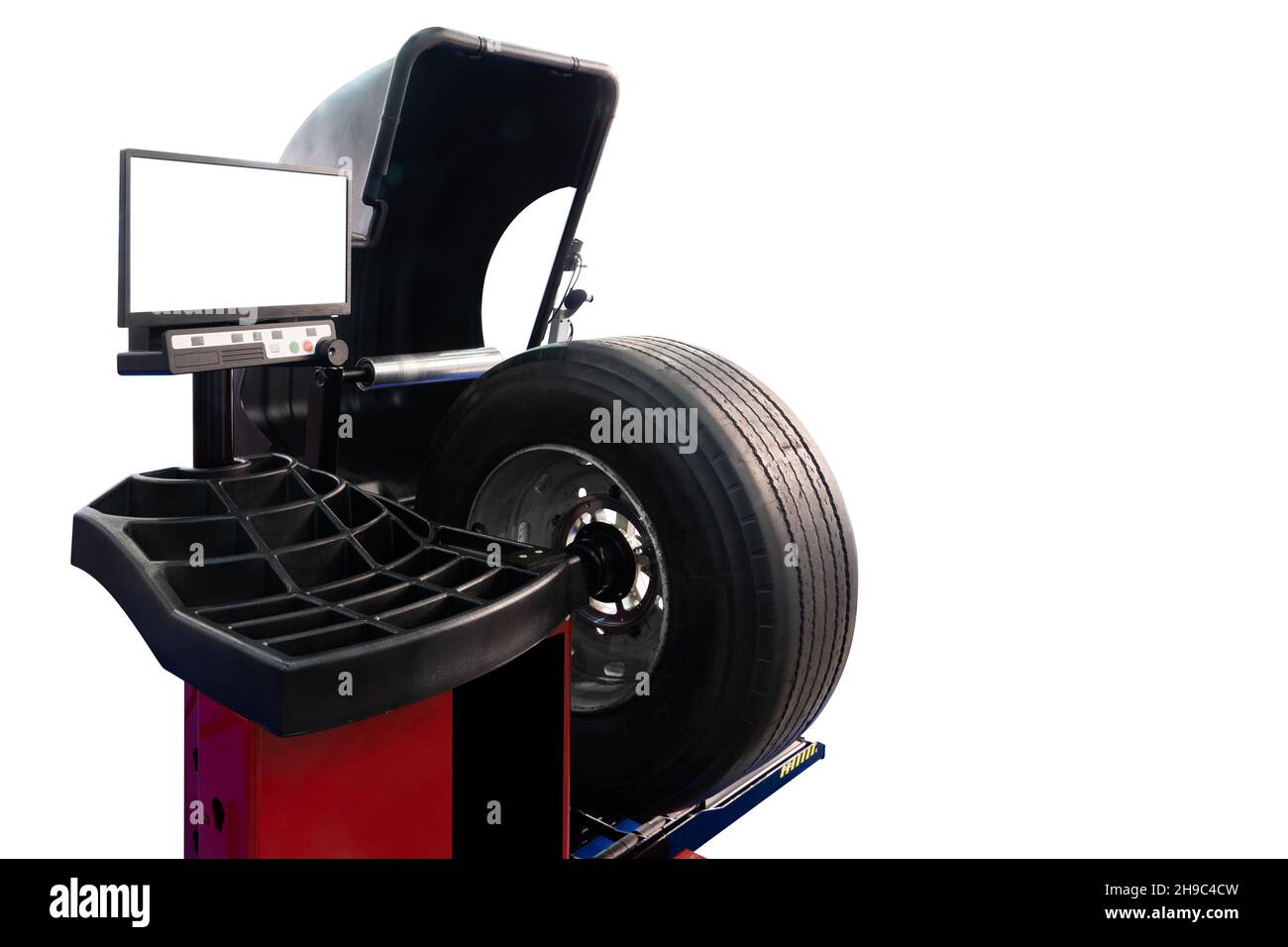 LKW-Radauswuchtvorrichtung für Reifenmontage isoliert auf weißem Hintergrund Stockfoto