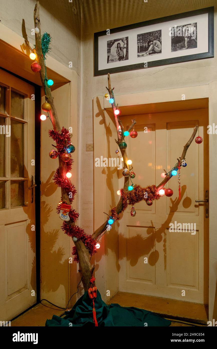 Dekoriertes, nicht traditionelles, modernes Weihnachtsbaumhaus aus abgestorbenen Baumzweigen Stockfoto