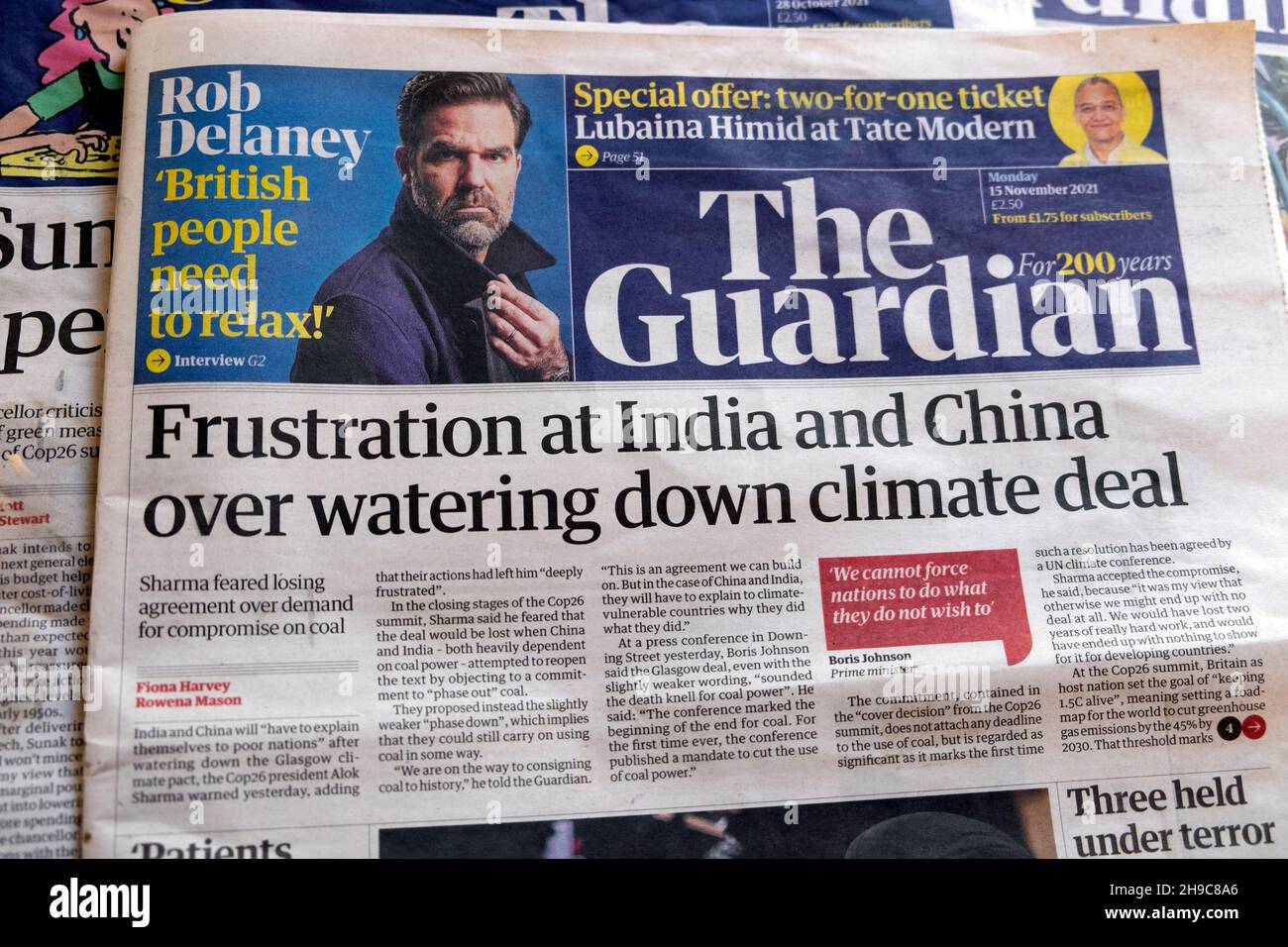 „Frustration über Indien und China wegen der Verwässerung des Klimadeals“ Titelseite der Zeitung Climate Change Guardian am 15. September 2021 in London, Großbritannien Stockfoto