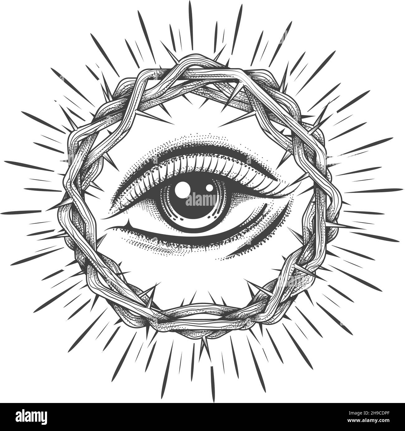 Mystisches Tattoo aller sehenden Augen in einer Dornenkrone isoliert auf Weiß. Vektorgrafik. Stock Vektor
