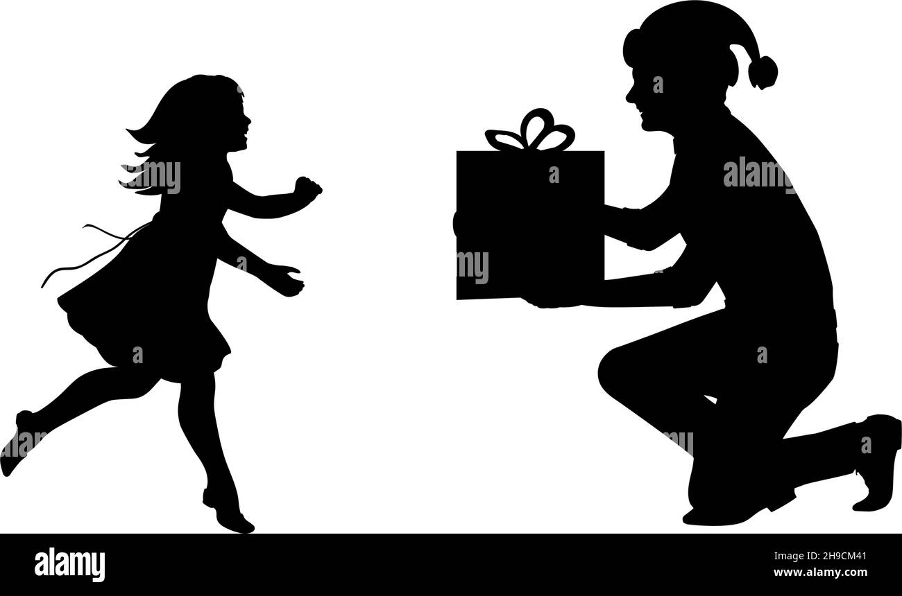 Silhouette des Vaters, der Tochter ein Geschenk gibt. Frohes Frohe Weihnachten. Frohes neues Jahr. Stock Vektor